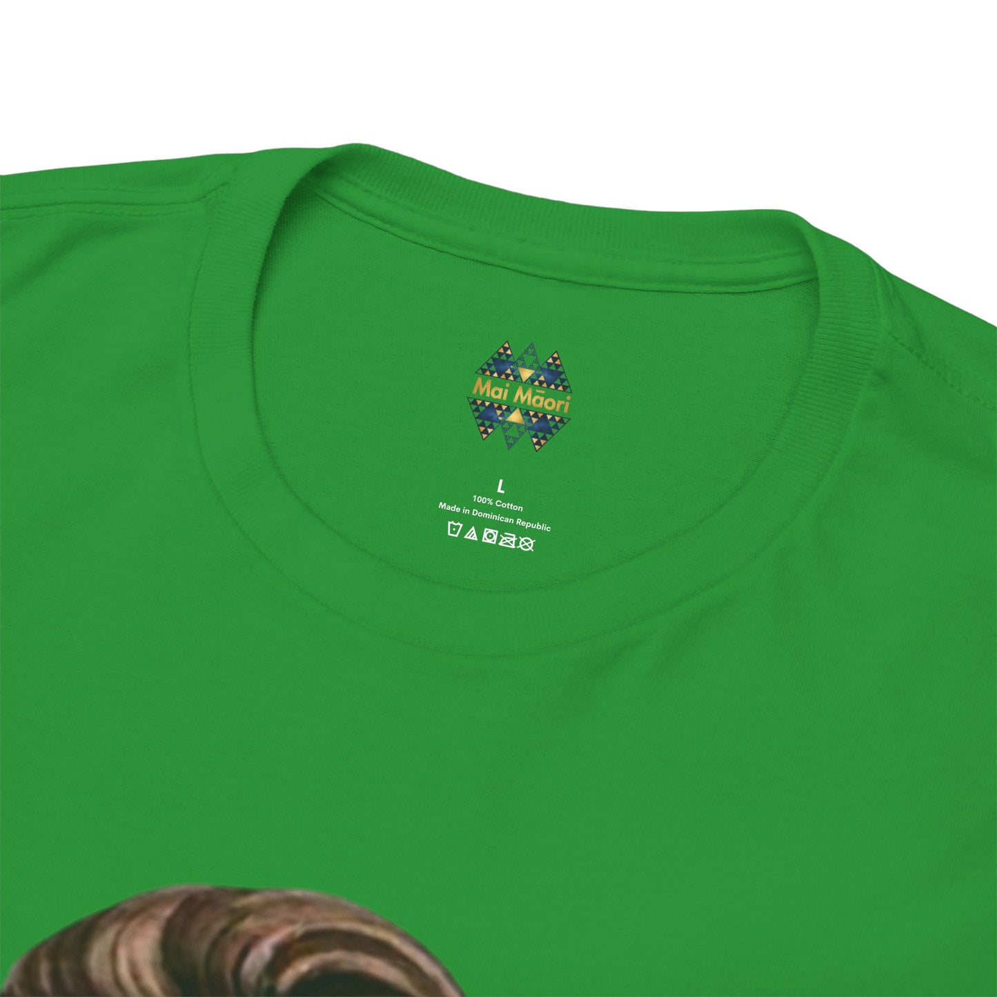 Green graphic T-shirt back with small logo on the neckline