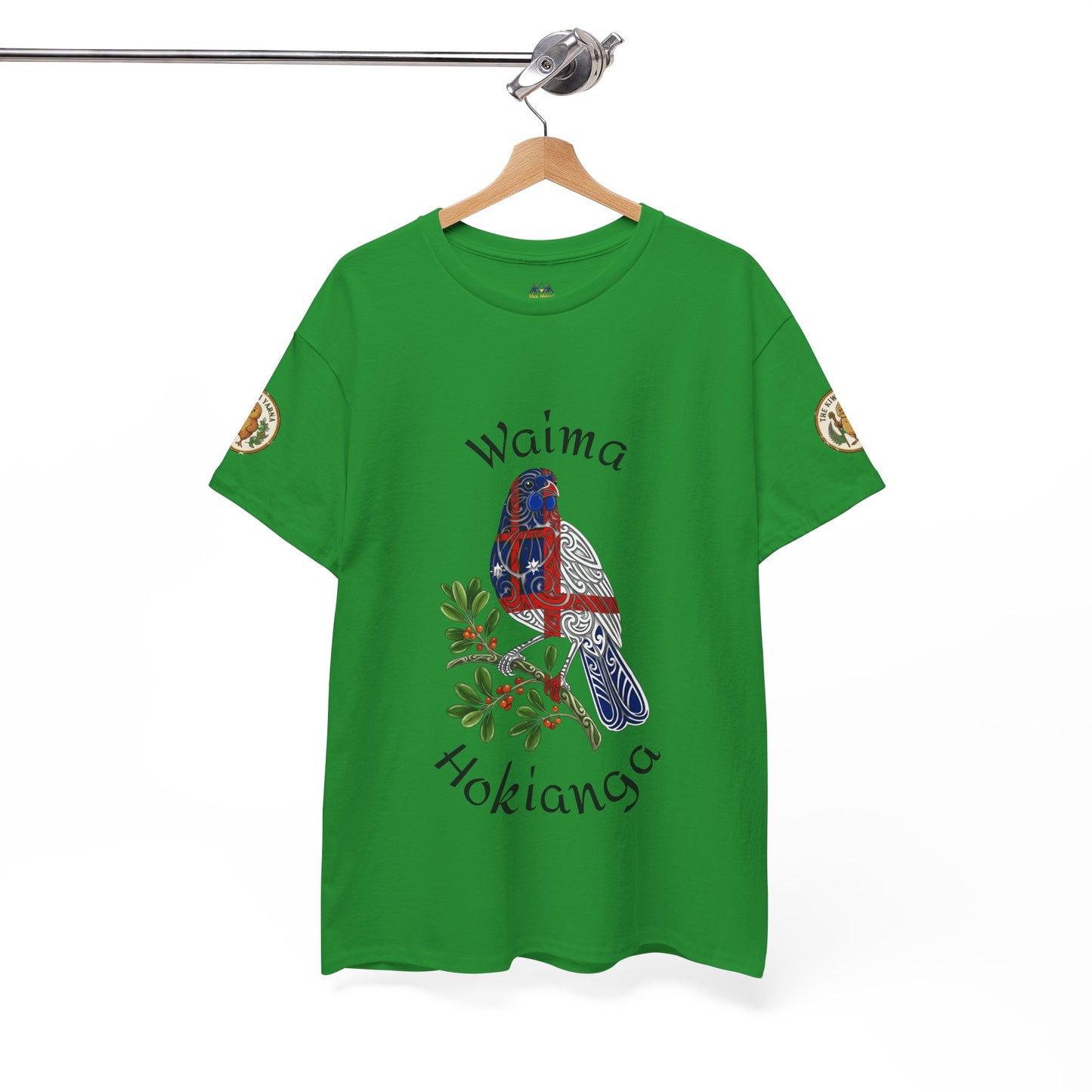 Green graphic t-shirt on hanger with colorful bird illustration