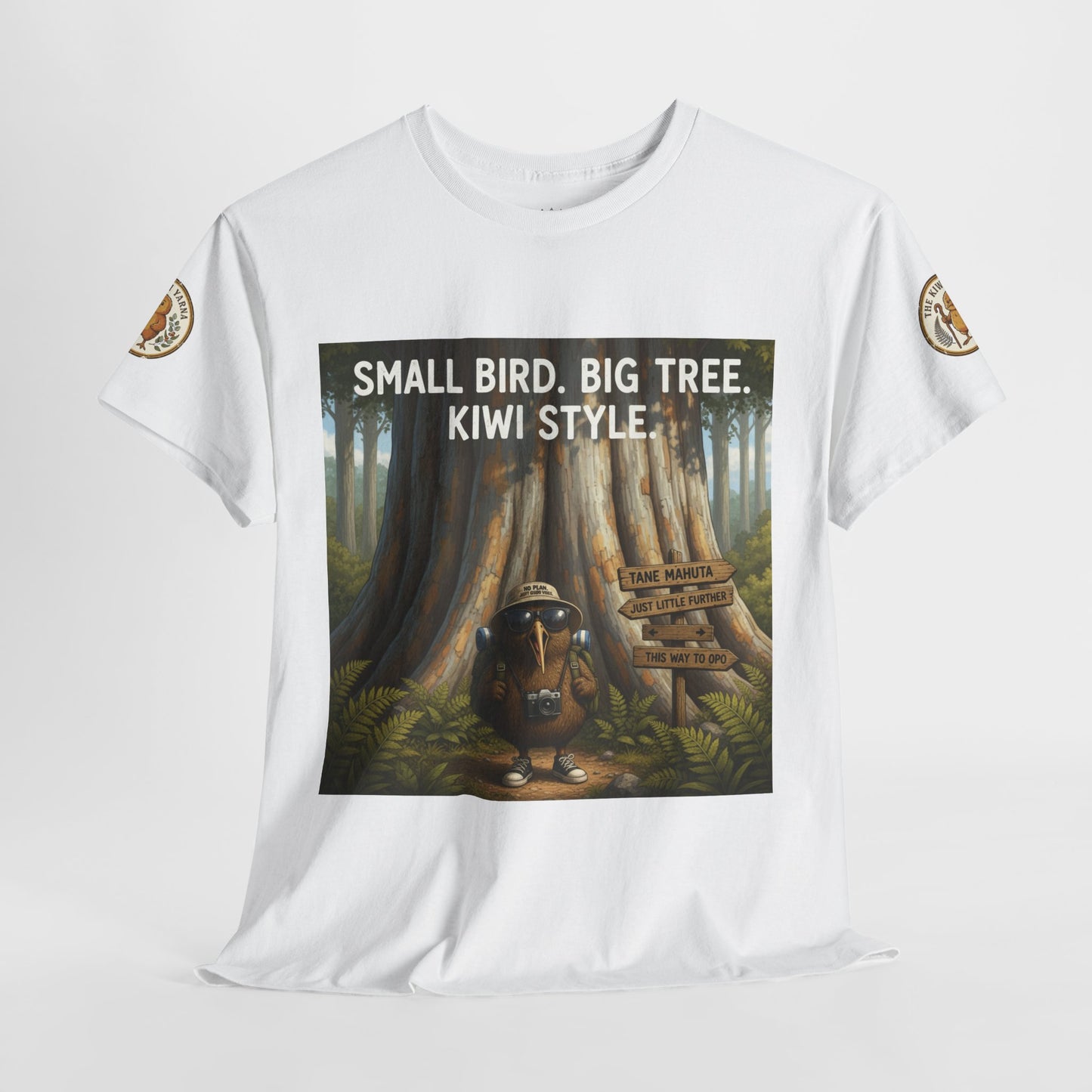 White crew-neck T-shirt with front forest graphic and sleeve circular logo patches