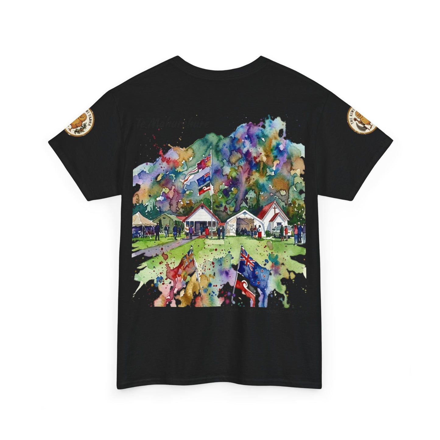 Black crew-neck T-shirt with colorful splash-style village graphic on front.