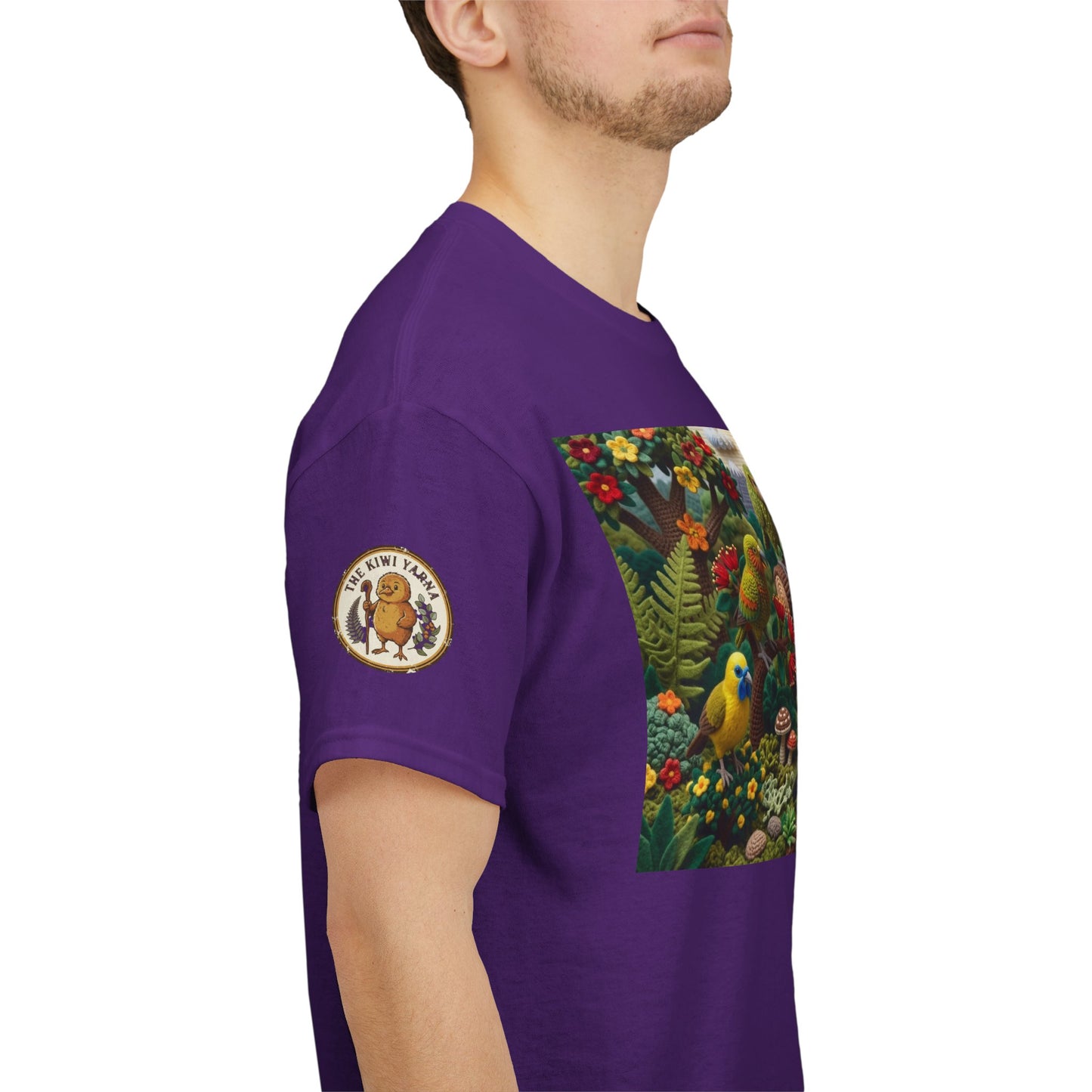 Purple T-shirt with circular logo patch and partial birds graphic on sleeve