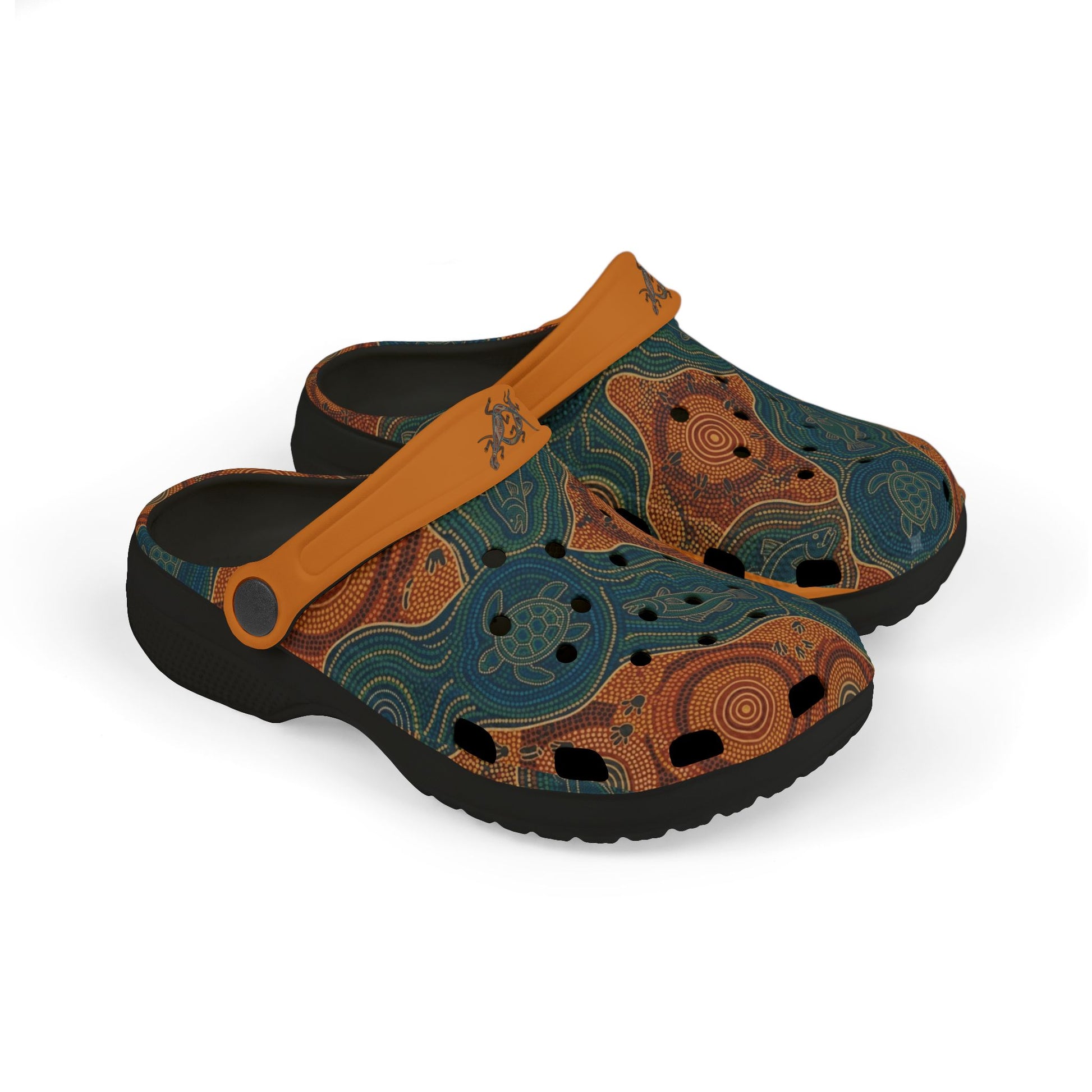 Casual clog shoe with teal-and-orange art print, orange strap, black outsole