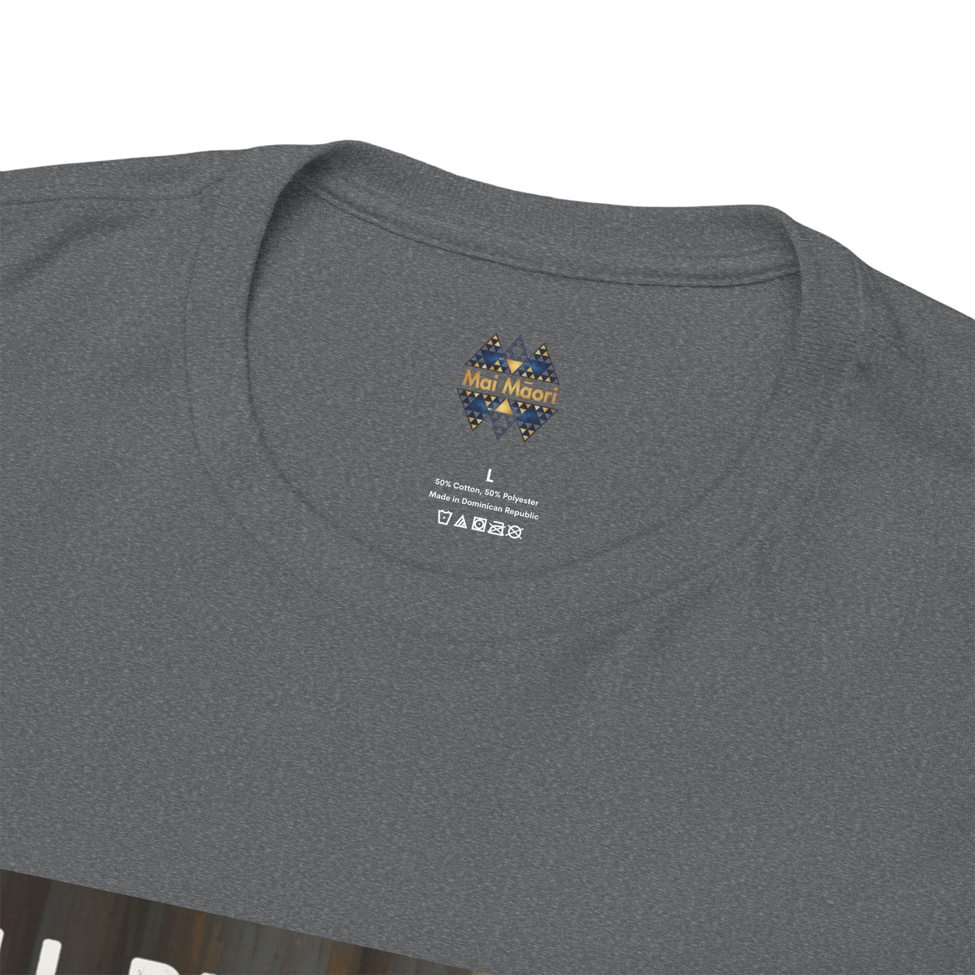 Dark gray kids T-shirt back with small chest logo at the crew neckline
