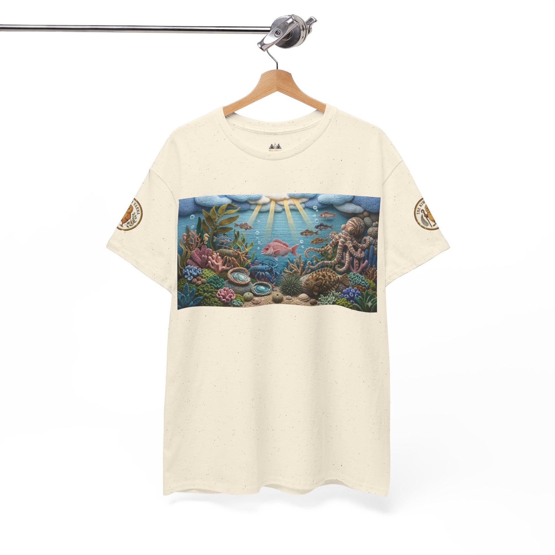 Off-white crew-neck T-shirt with rectangular ocean reef fish graphic and sleeve logo