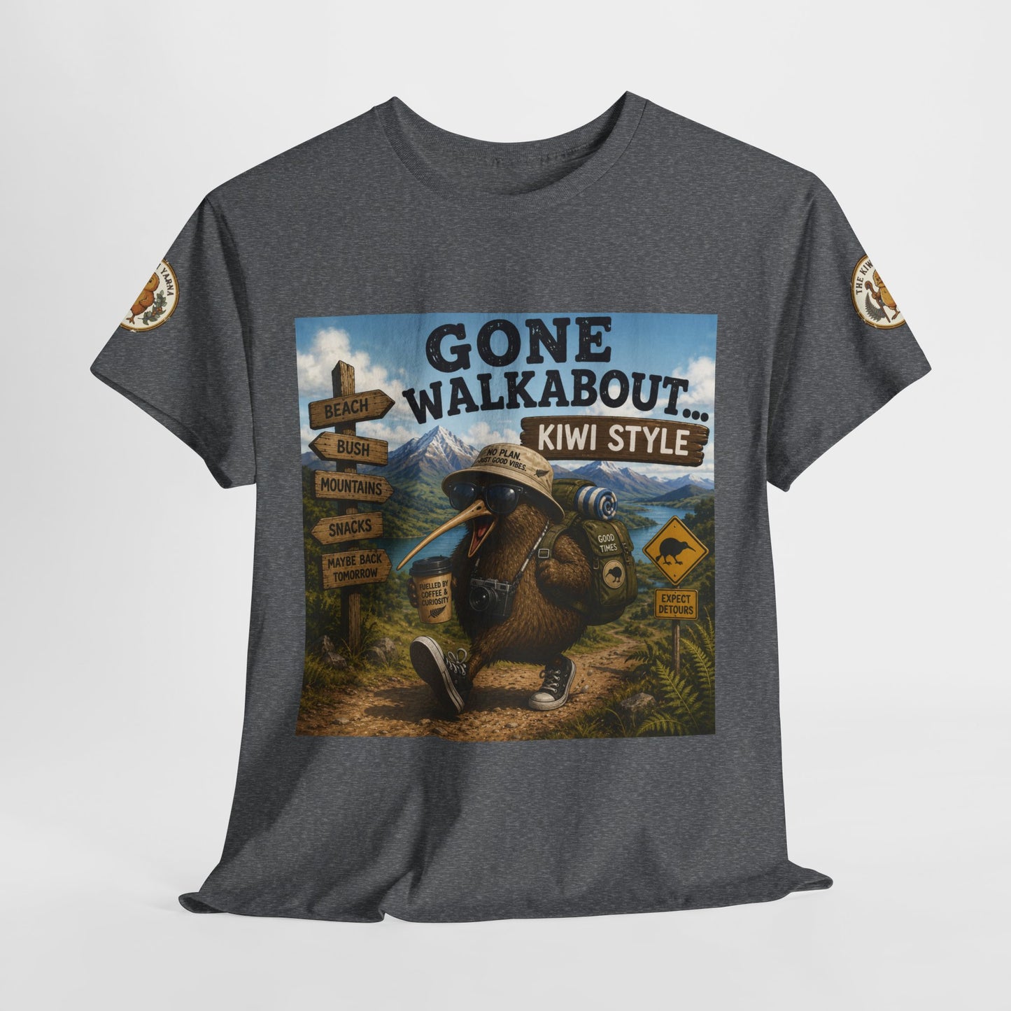 Heather gray T-shirt with large “Gone Walkabout Kiwi Style” kiwi square front graphic