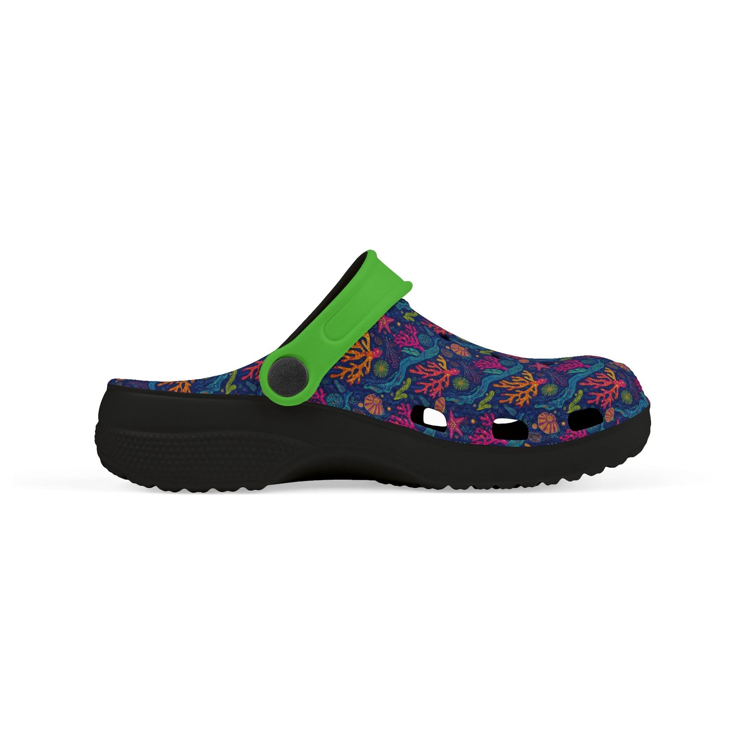 Side profile of patterned clogs with green strap and black outsole.