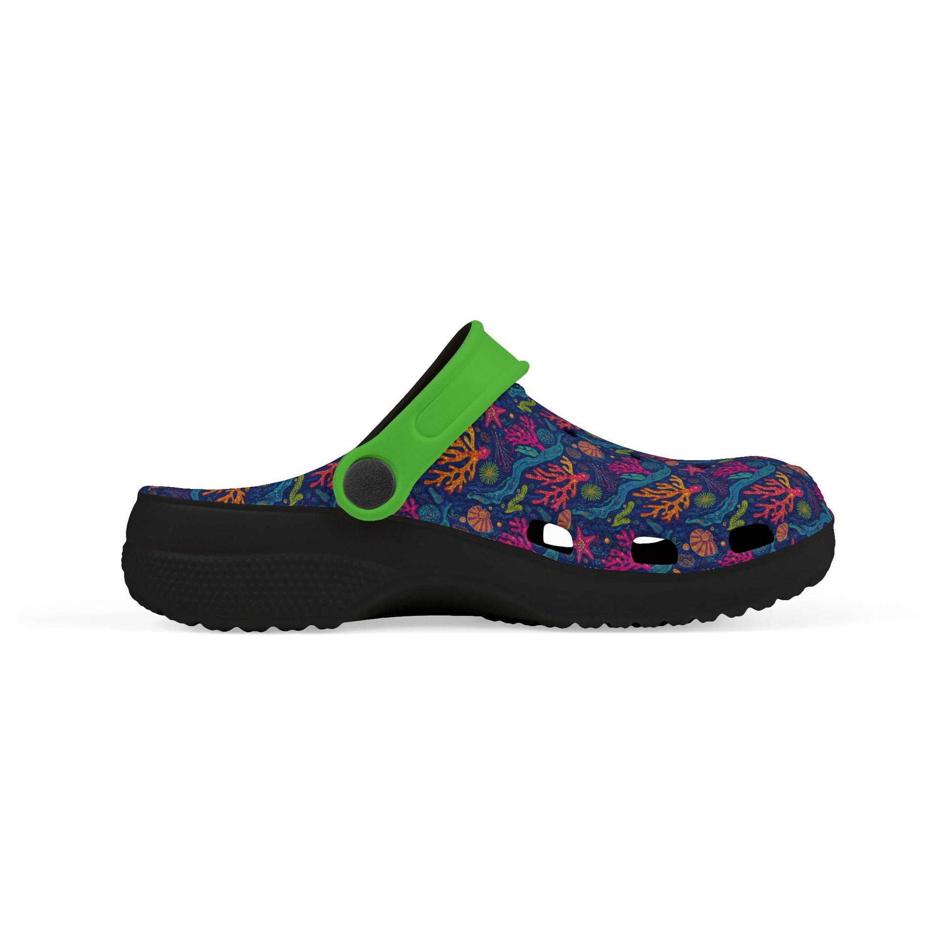 Side profile of patterned clogs with green strap and black outsole.
