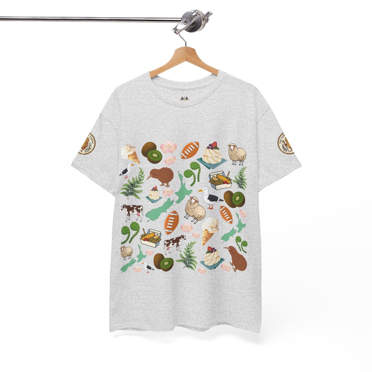 Heather gray short-sleeve T-shirt with colorful Kiwiana animal and fruit graphic print