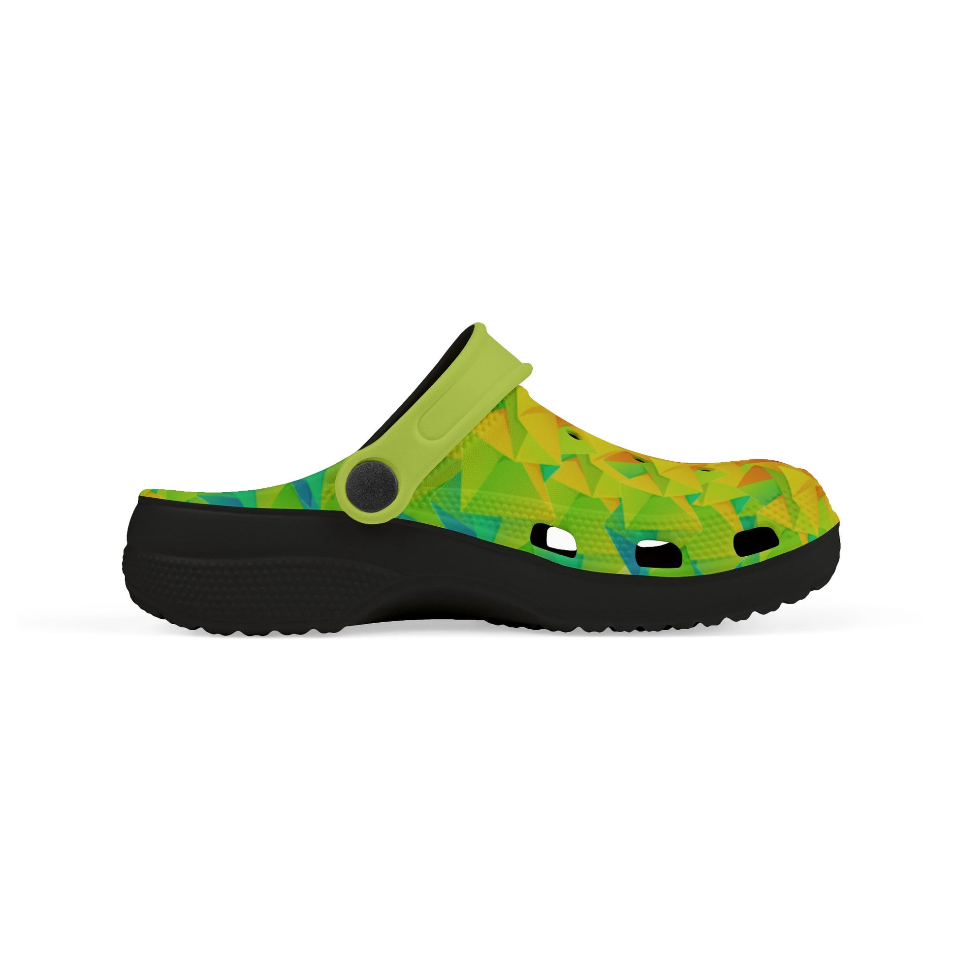Ahi lime-green clog with multicolor graphic upper and black outsole