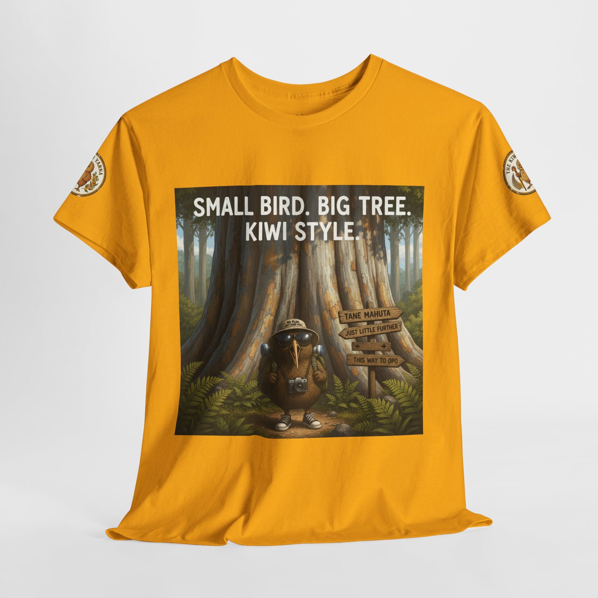 Mustard yellow crewneck T-shirt with front forest graphic and round sleeve patches