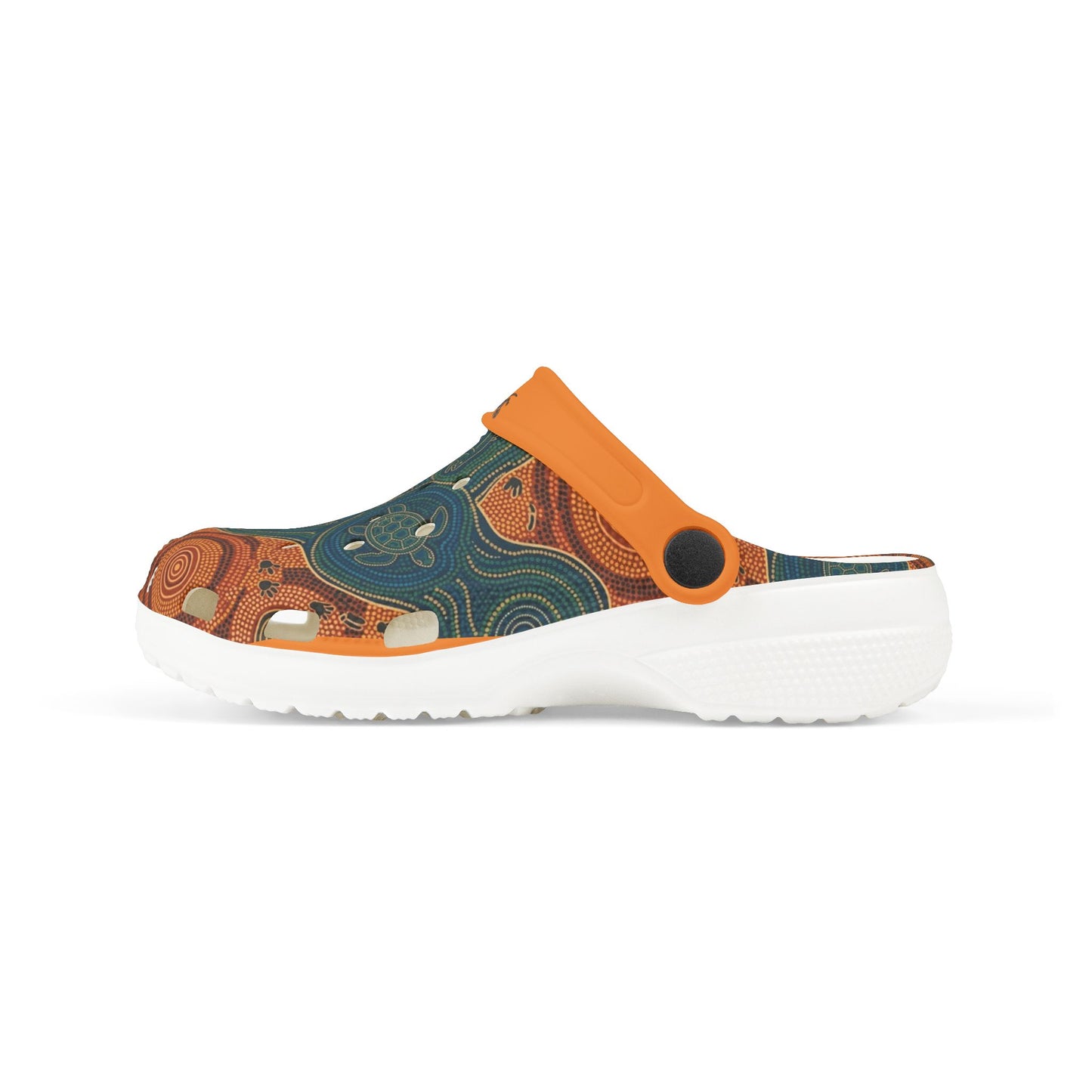 Casual clog shoe profile with teal-and-orange art print, orange strap, white sole