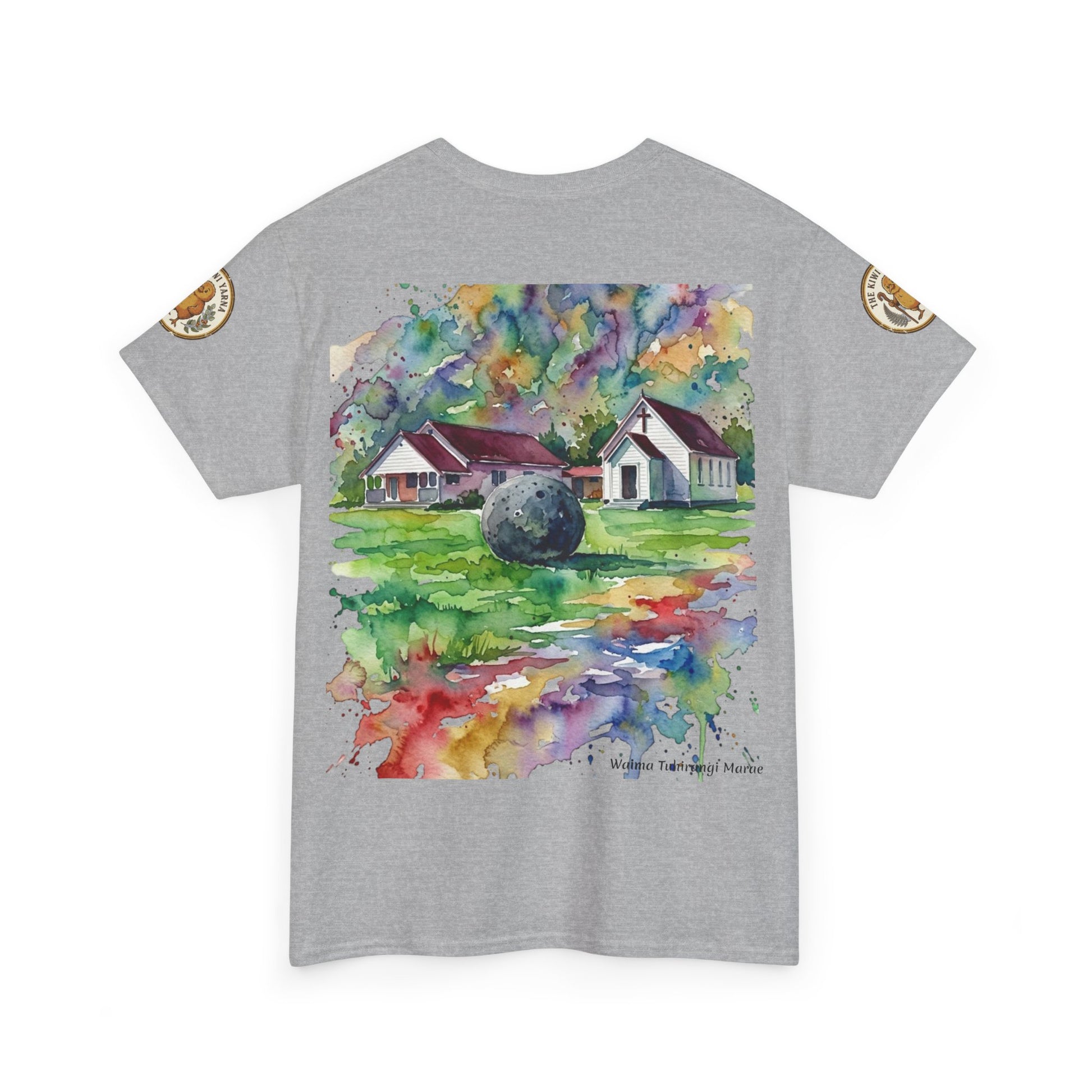 Heather gray graphic T-shirt with bird and flowers print, crewneck, logo patch on sleeves