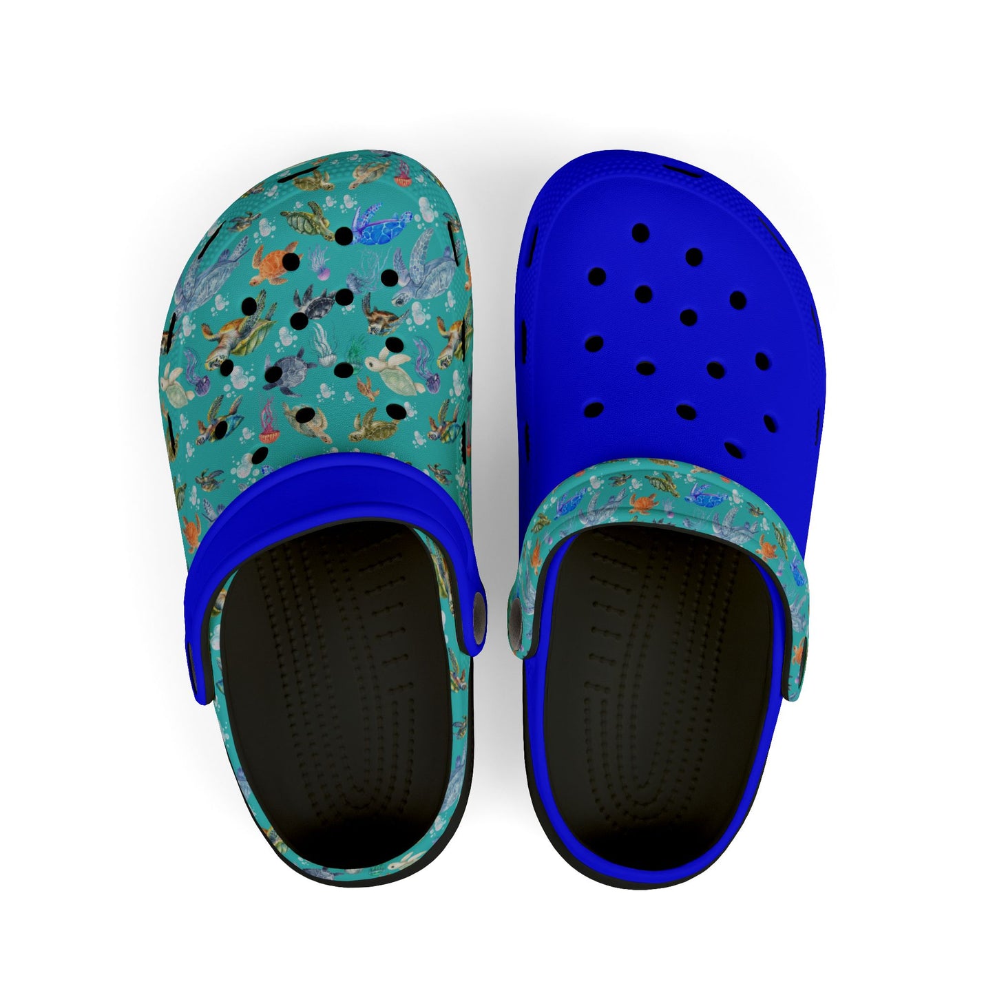 Kids slip-on clogs with teal marine print uppers and blue perforated top, dark lining