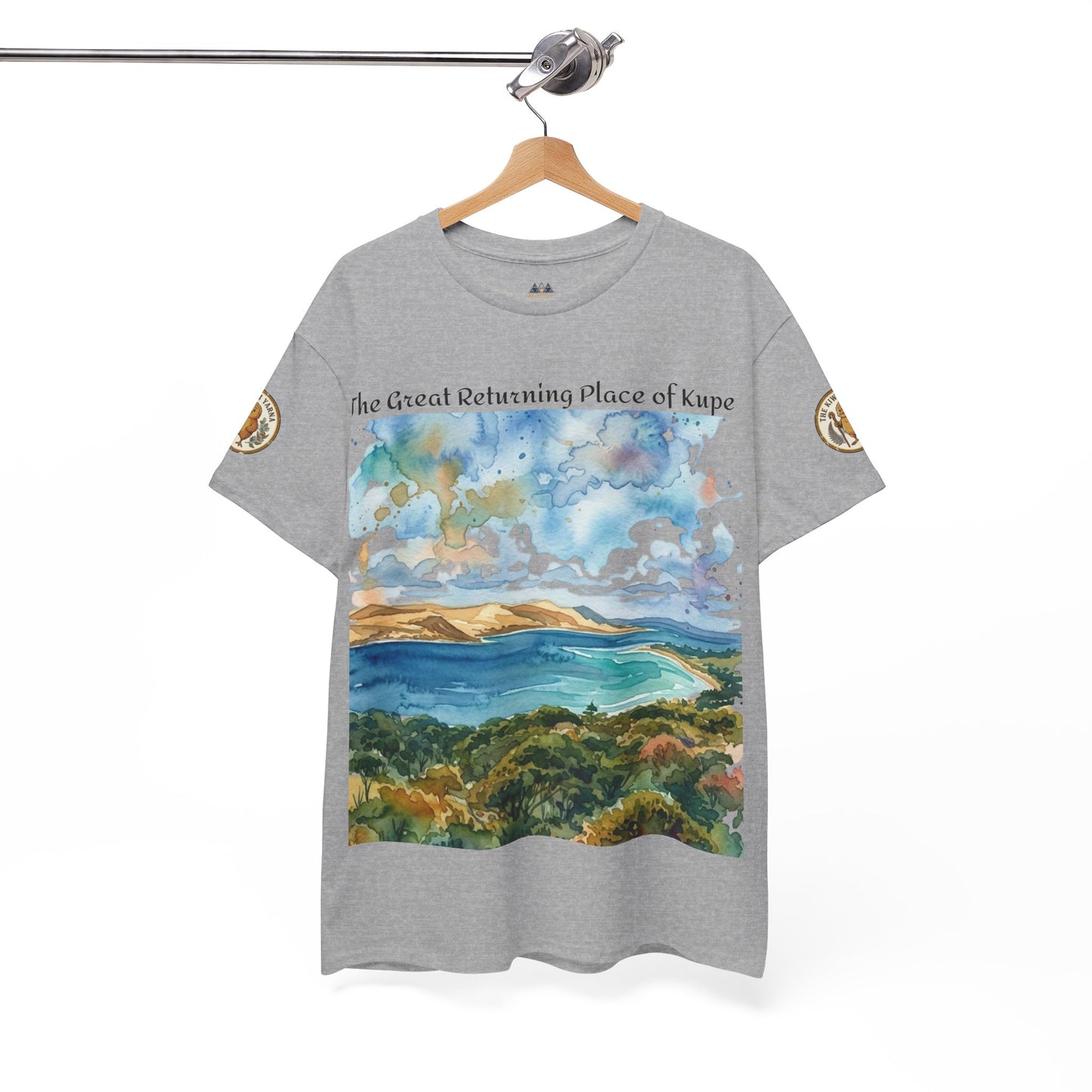 Sport grey graphic T-shirt on wooden hanger, watercolor landscape print and crew neckline