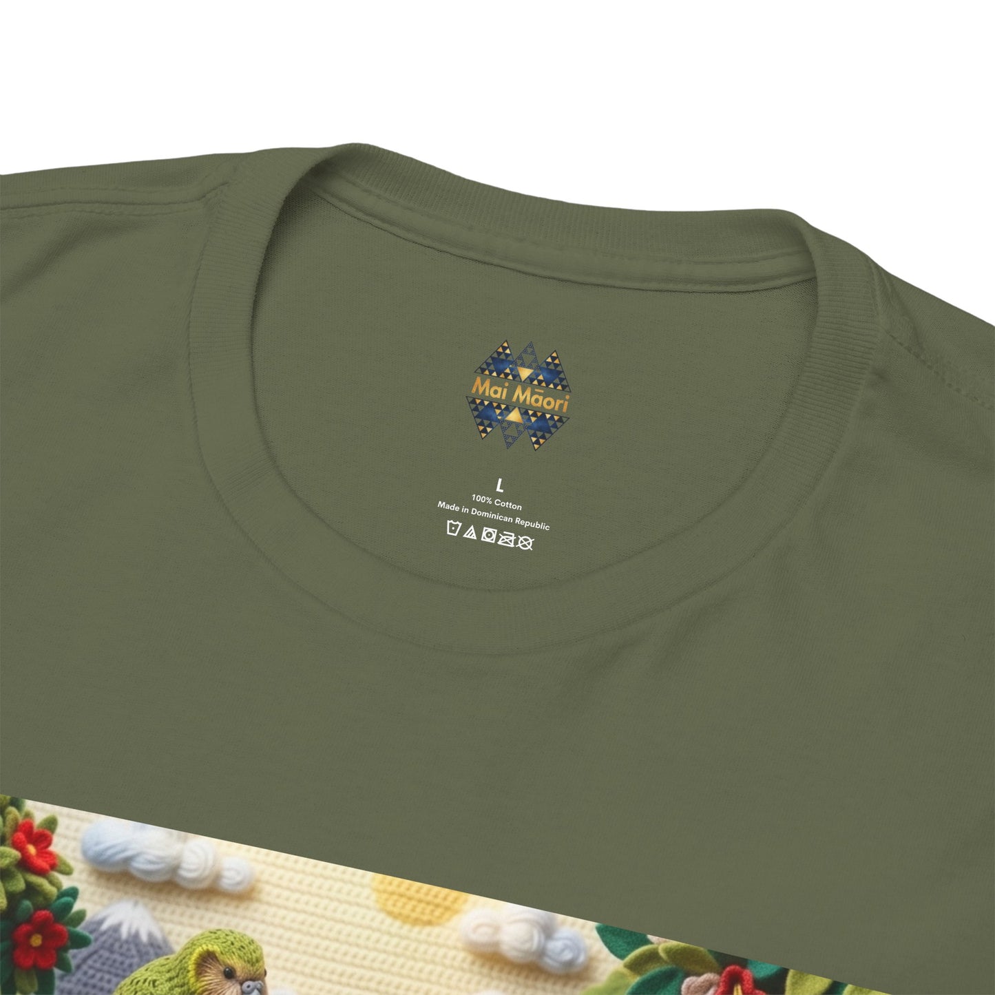 Olive green crewneck T-shirt with small chest emblem and bird-themed graphic hem panel
