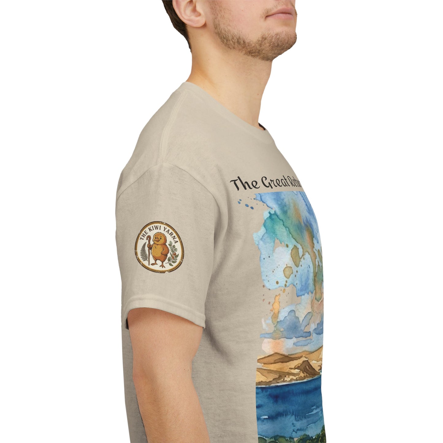 Beige Hokianga Harbour graphic T-shirt with side view landscape print and sleeve badge