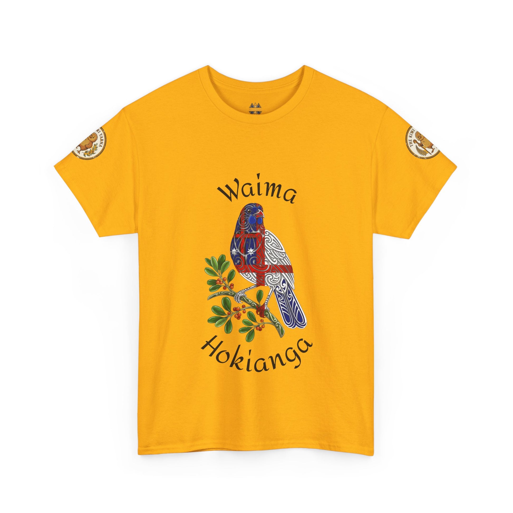 Gold graphic T-shirt with bird and leaf design, plus circular sleeve patches