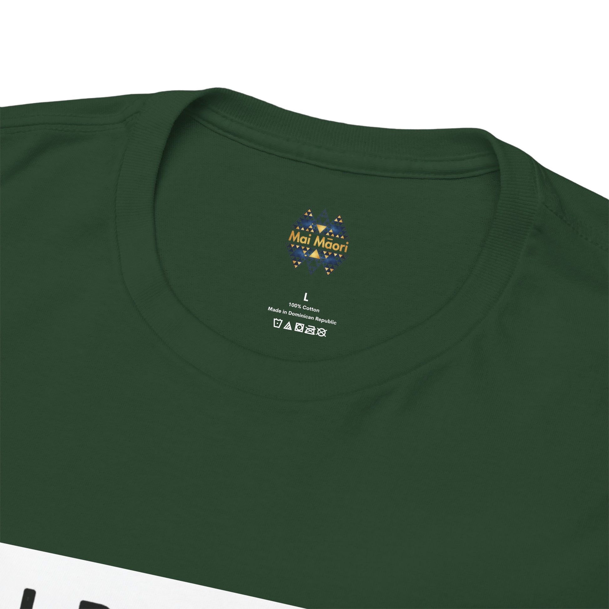 Dark green crewneck T-shirt with small chest logo and size label