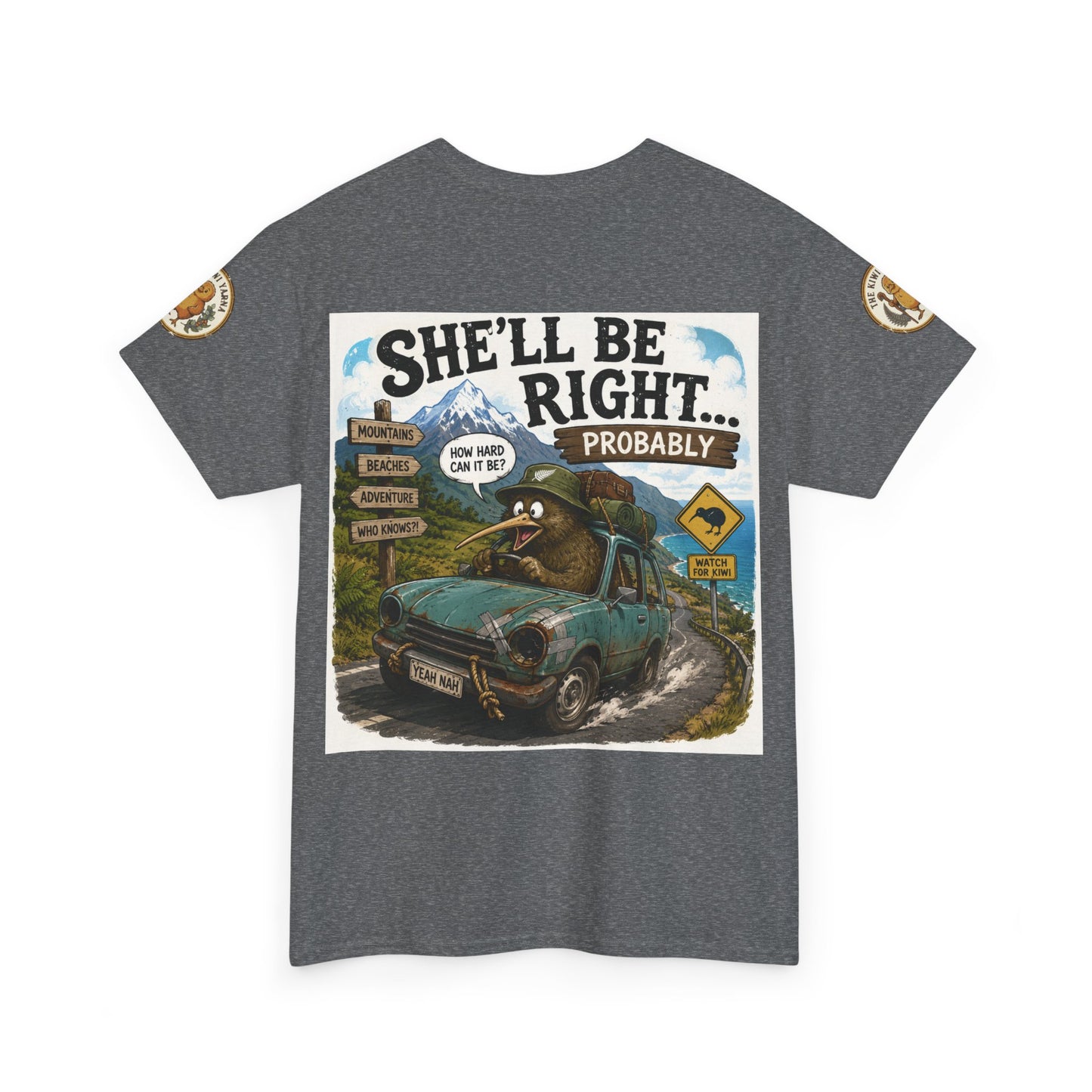 Heather gray graphic T-shirt with front adventure poster print and sleeve patches