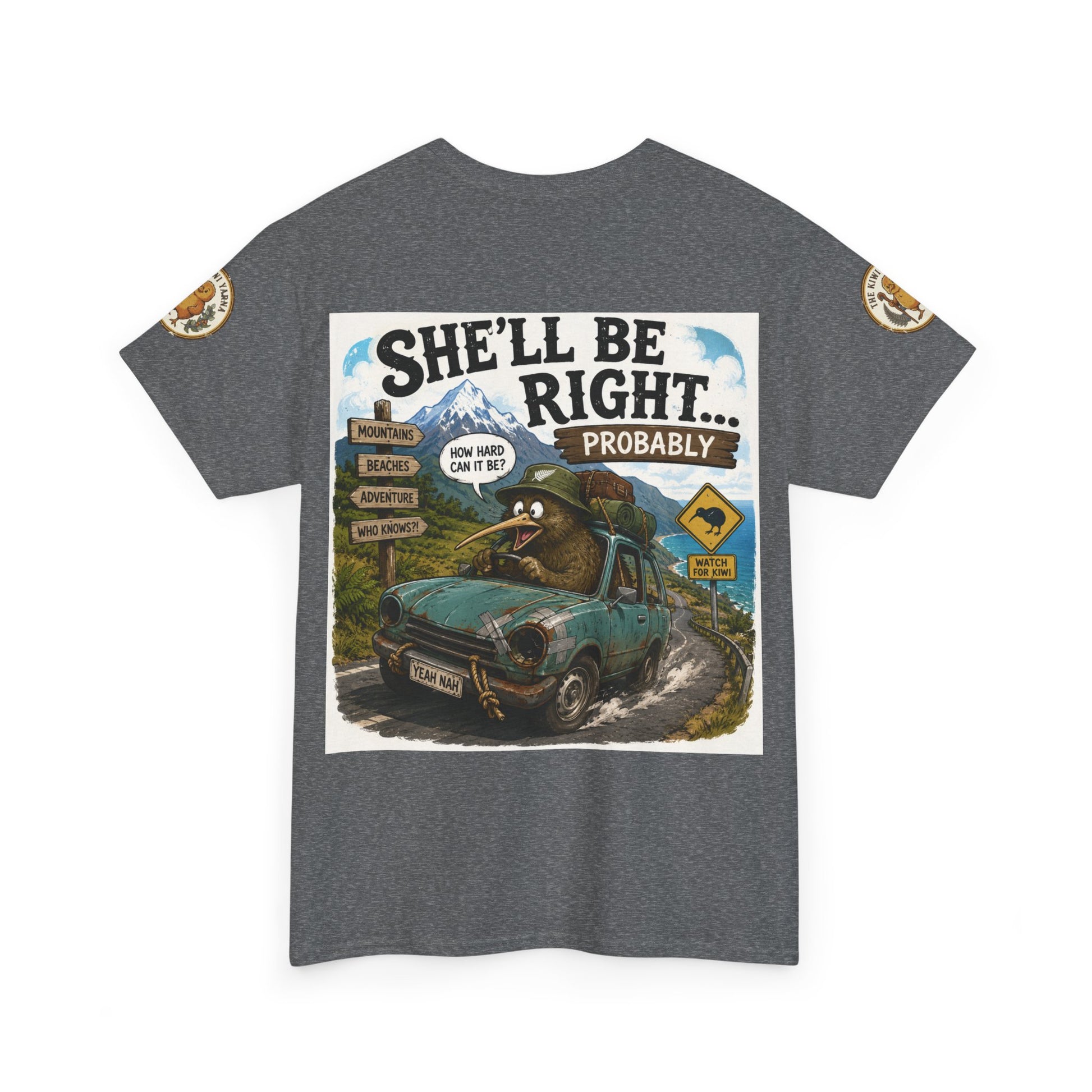 Heather gray graphic T-shirt with front adventure poster print and sleeve patches