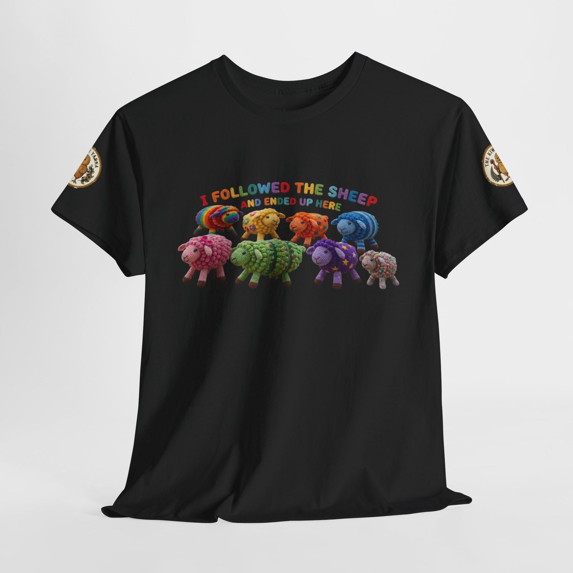 Black T-shirt with colorful sheep graphic and gold sleeve patches