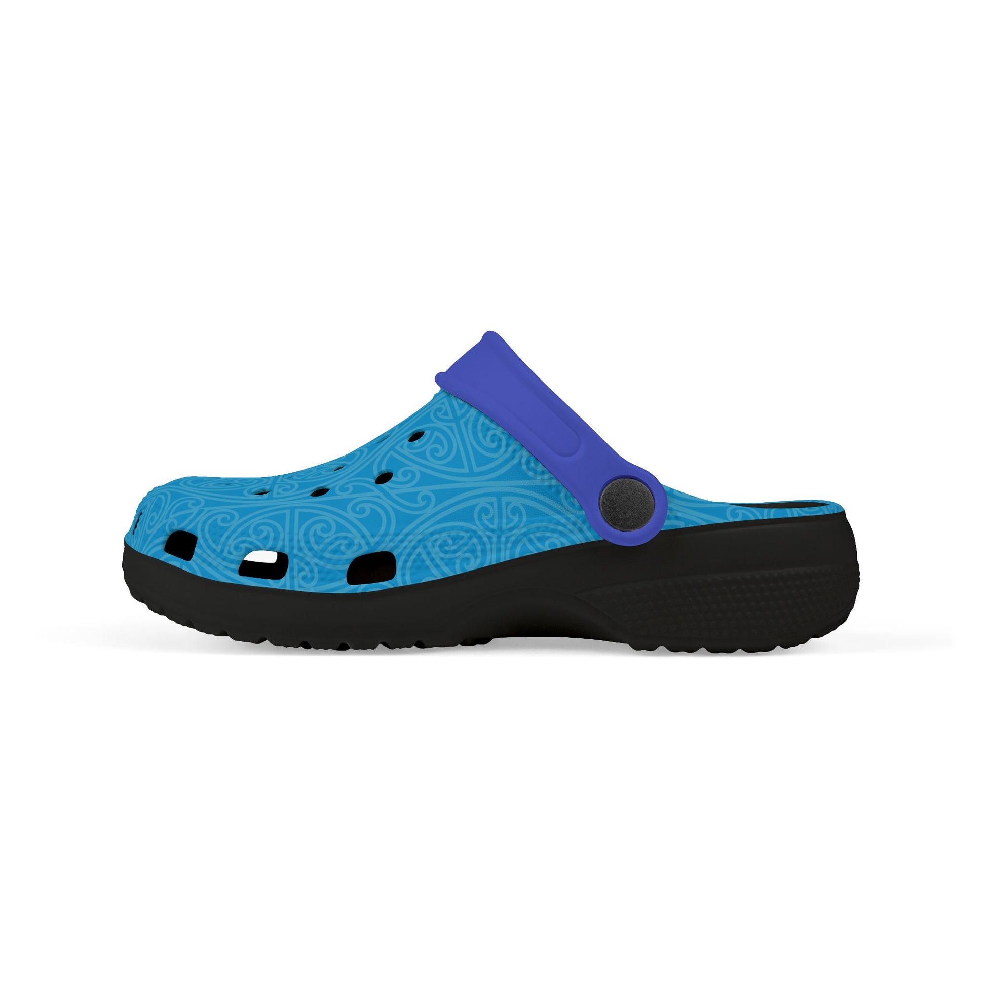 Light blue and purple slip-on clog with decorative perforations, dark outsole, side view