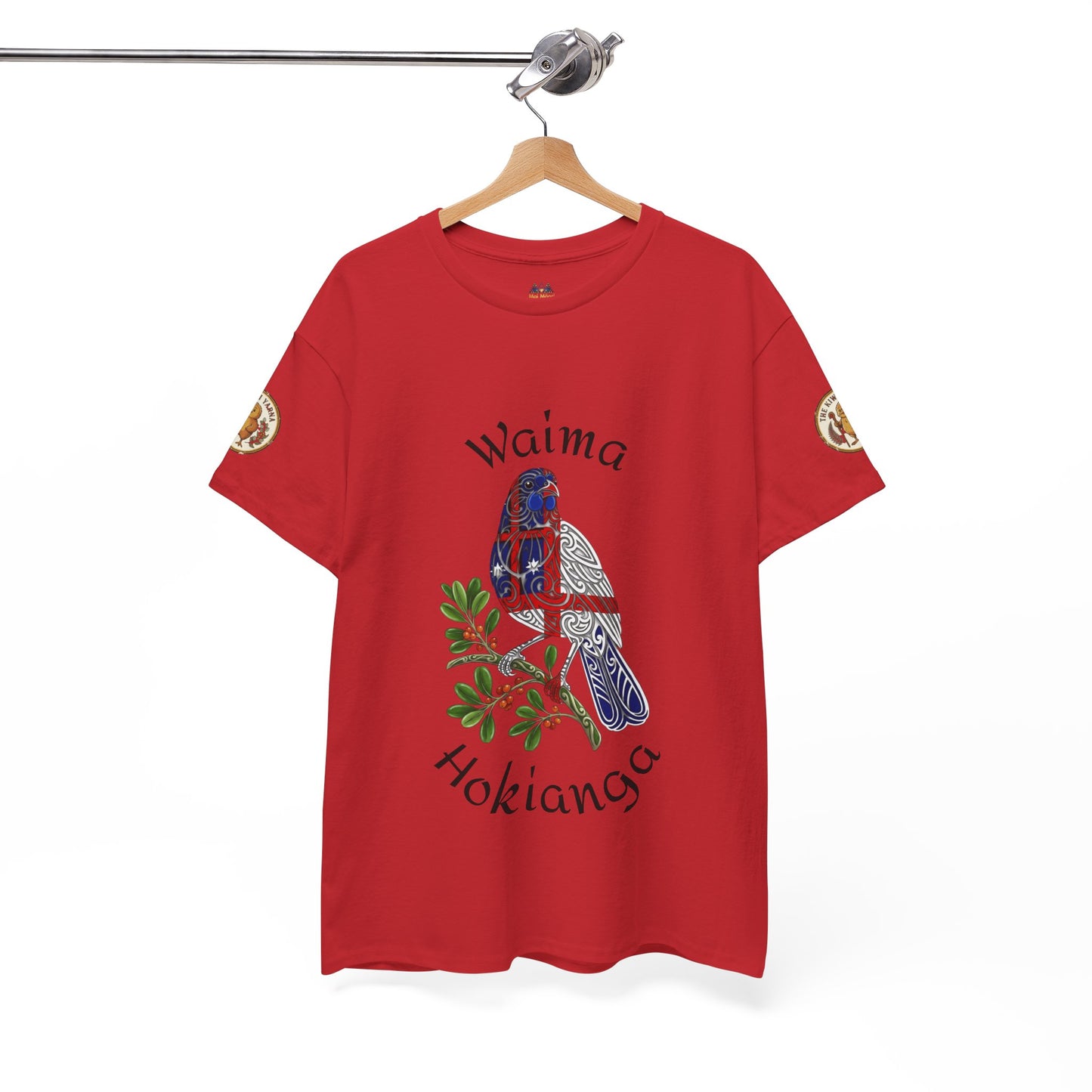Red T-shirt on hanger with front bird and floral graphic and arched text