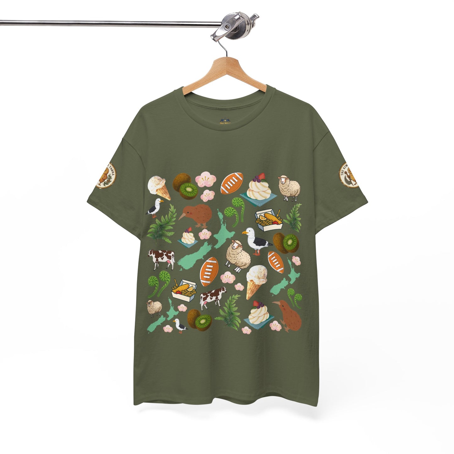 Dark green crewneck T-shirt with colorful Kiwiana-themed graphic across front