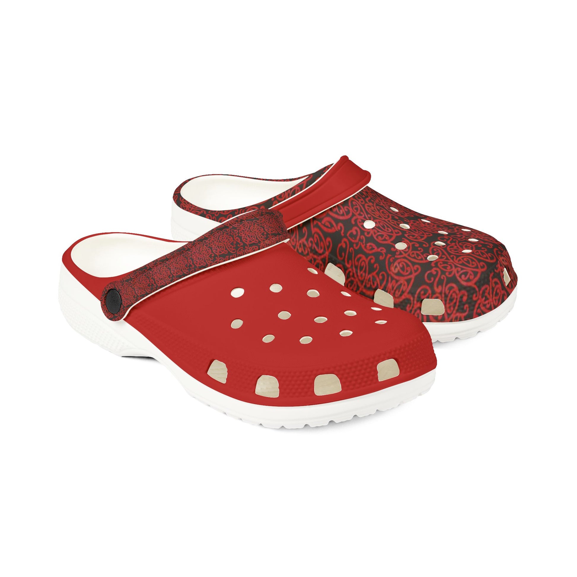 Red and black patterned slip-on clog with white outsole and open heel strap