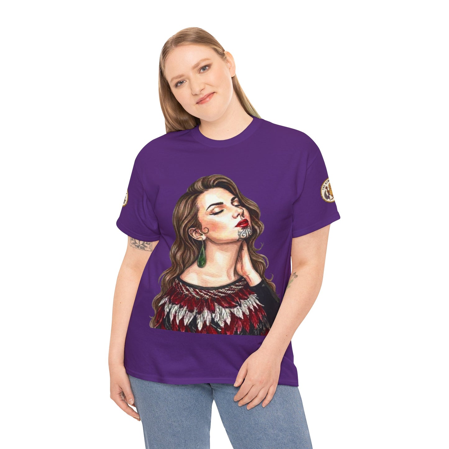 Purple graphic T-shirt on model with crew neck, short sleeves, and portrait chest print.