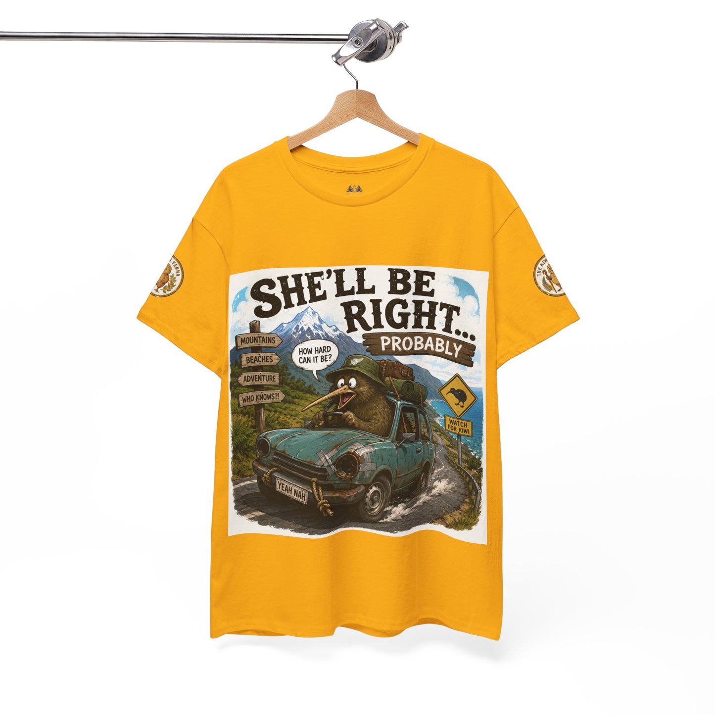 Yellow graphic T-shirt on hanger with centered “She’ll Be Right… Probably” print