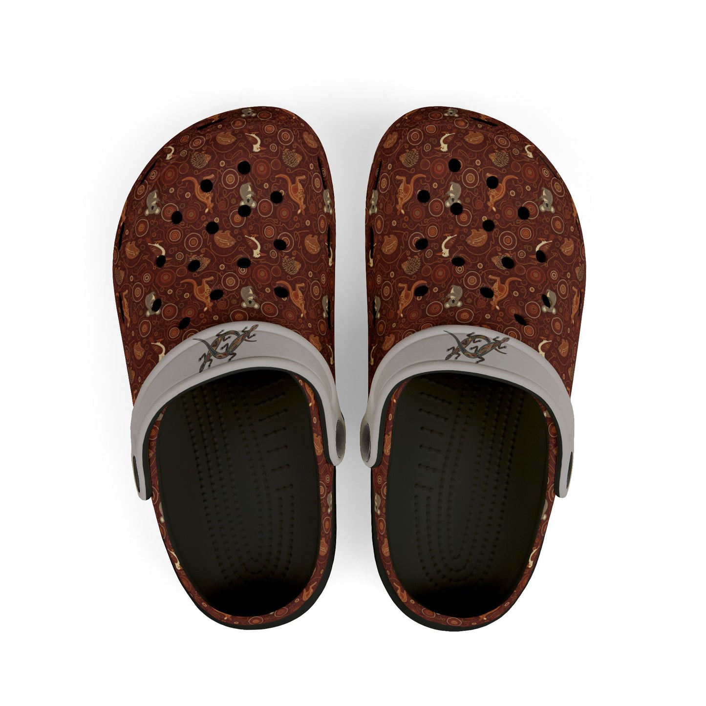 Printed casual clog shoes with dark interior, white straps, and open vented upper.