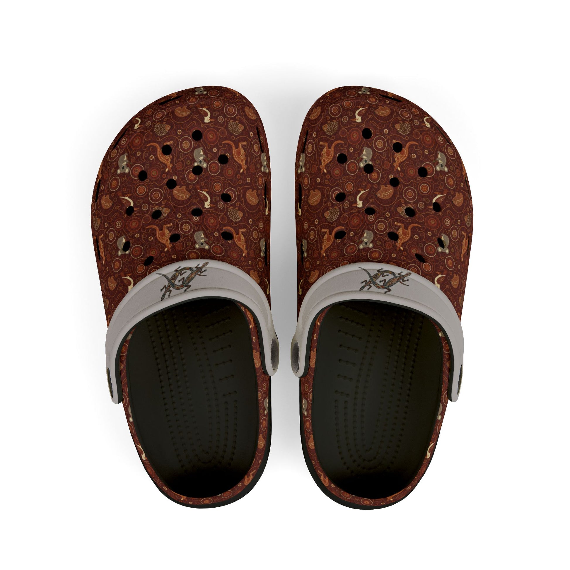 Printed casual clog shoes with dark interior, white straps, and open vented upper.
