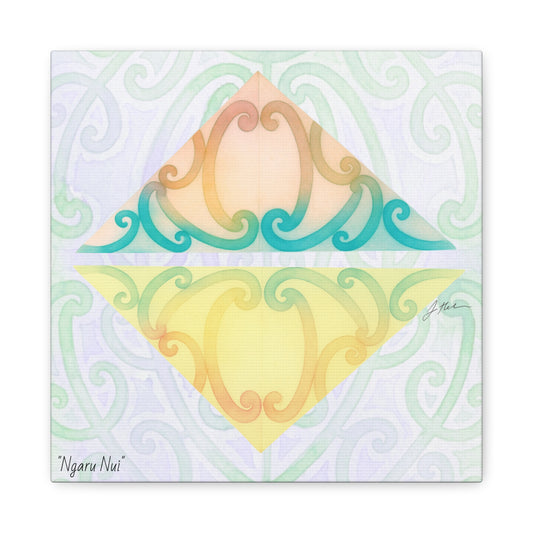 Ngaru Nui square wall art canvas close-up with pastel diamond crests and teal trim