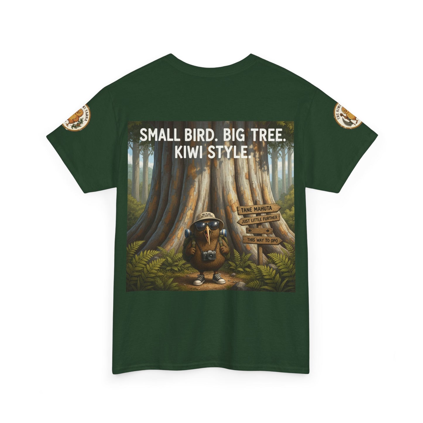 Dark green graphic t-shirt with front print: Small Bird Big Tree Kiwi Style