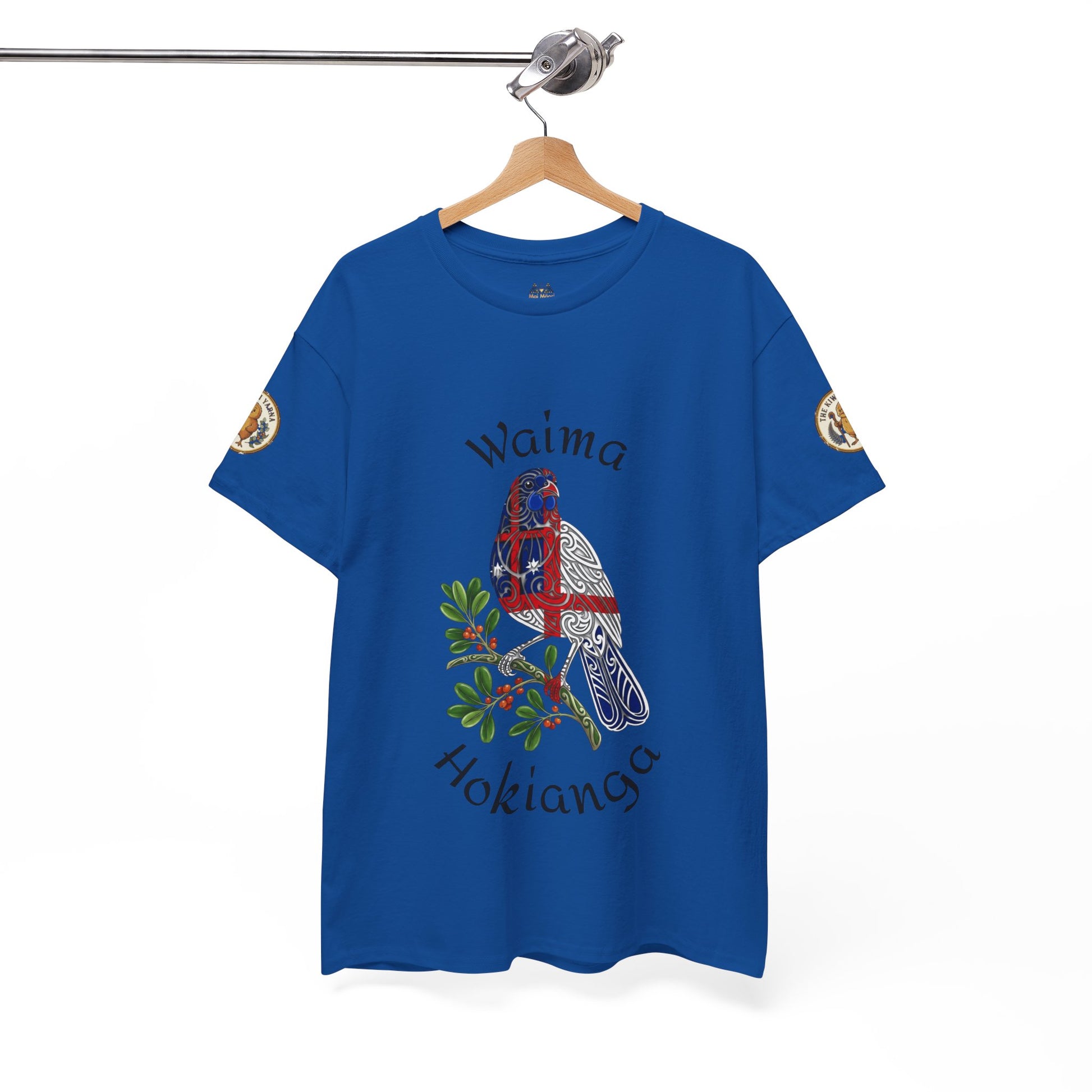 Blue graphic T-shirt with bird print and Waima Hokianga text