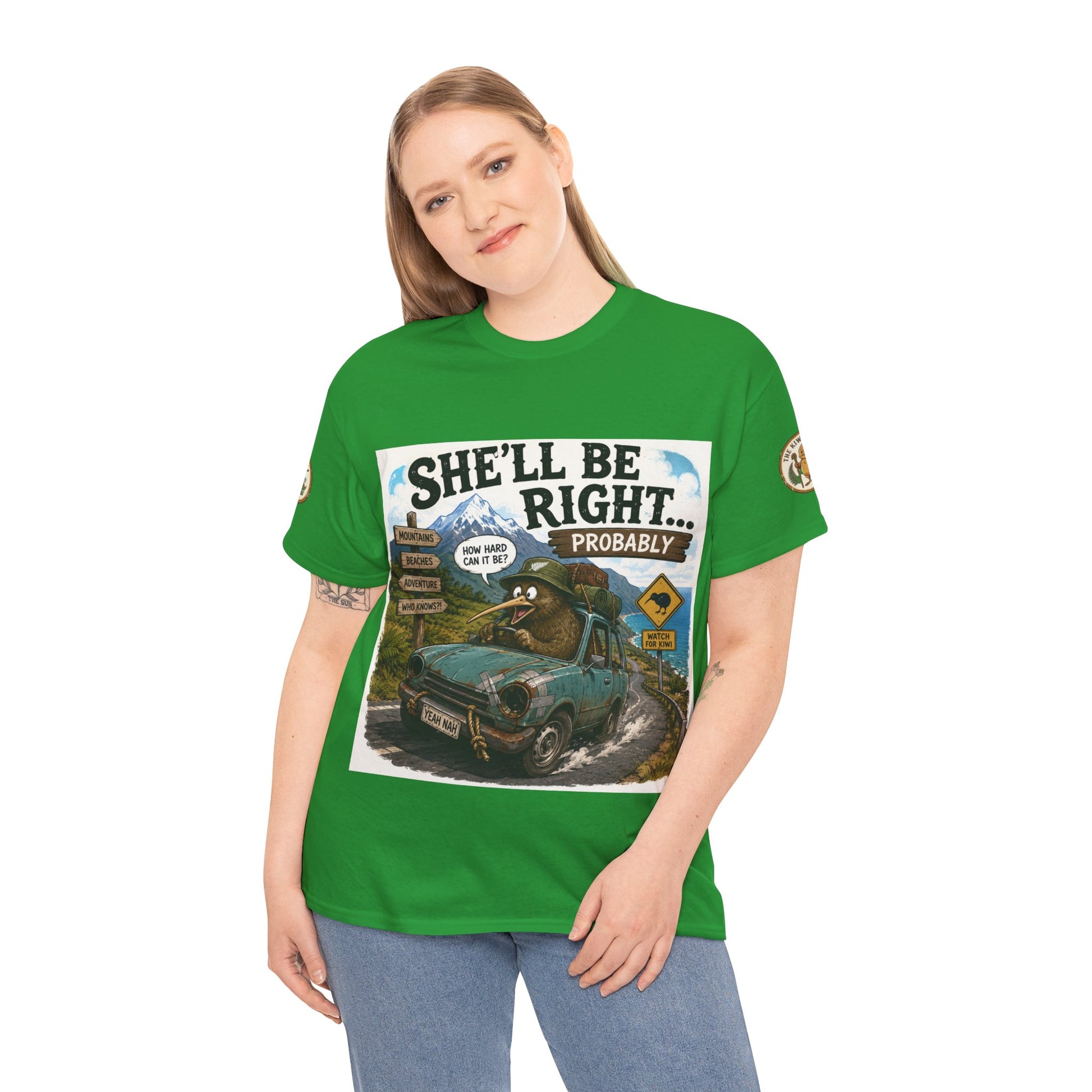 Green graphic T-shirt on model, featuring a car-themed front print and logo.