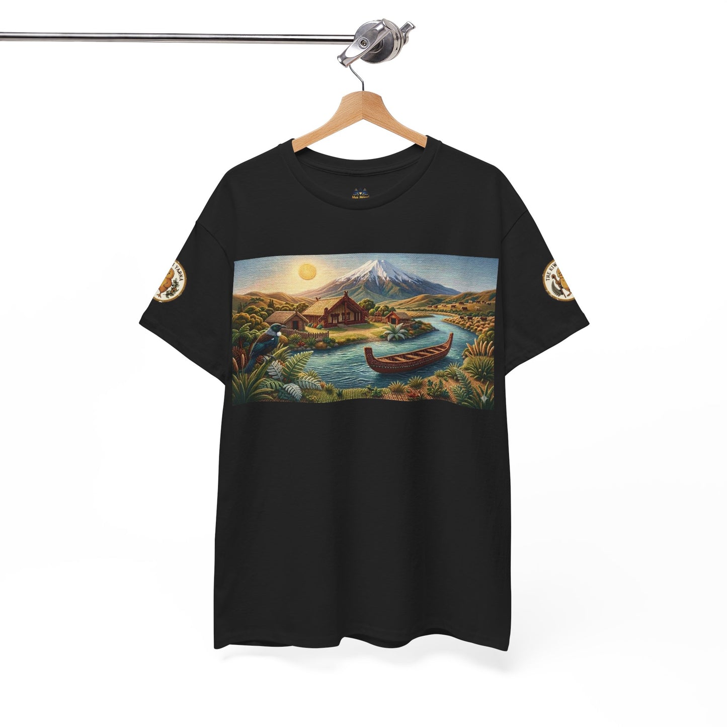 Black graphic T-shirt on hanger with landscape front print and sleeve patches