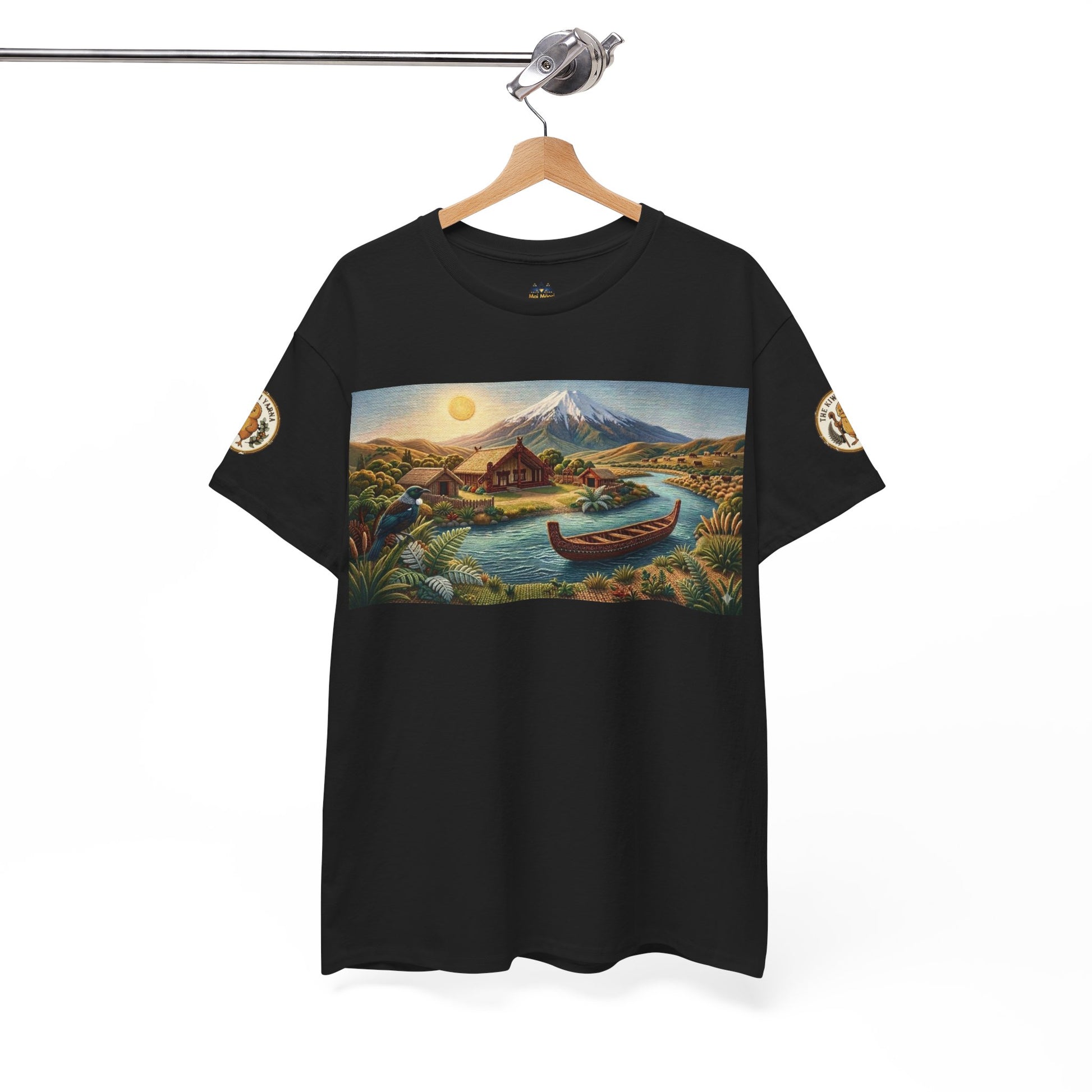 Black graphic T-shirt on hanger with landscape front print and sleeve patches