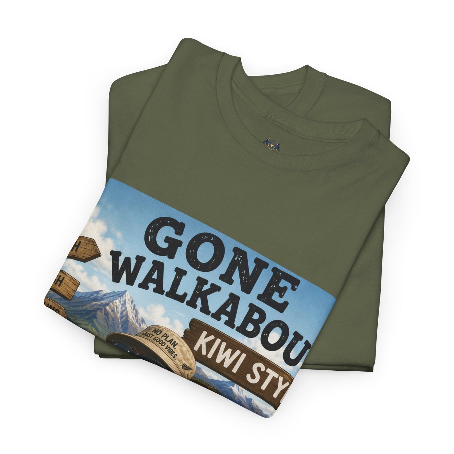 Olive-green graphic T-shirt with 'Gone Walkabout Kiwi Style' front print
