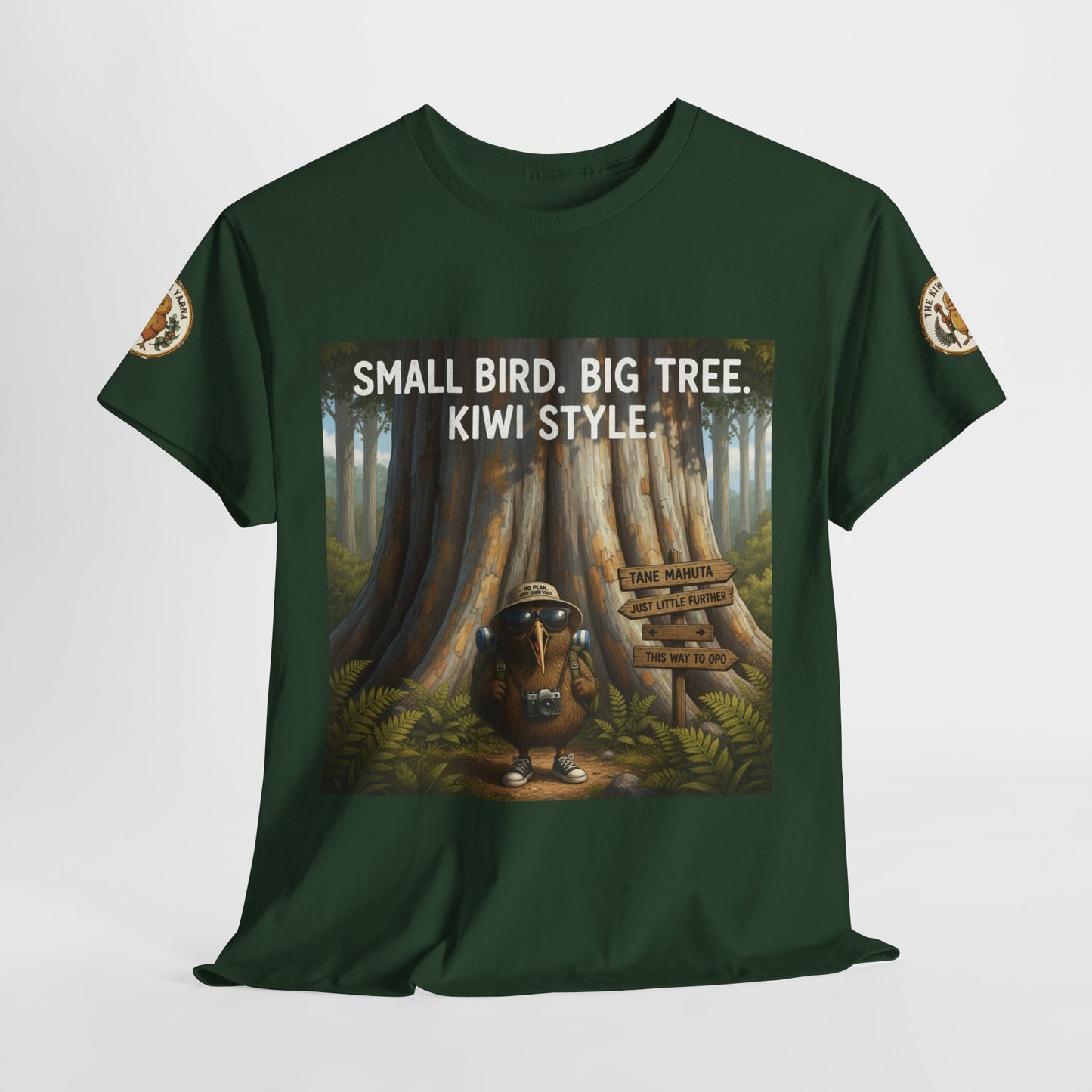 Dark green t-shirt with centered front graphic: Small Bird Big Tree Kiwi Style