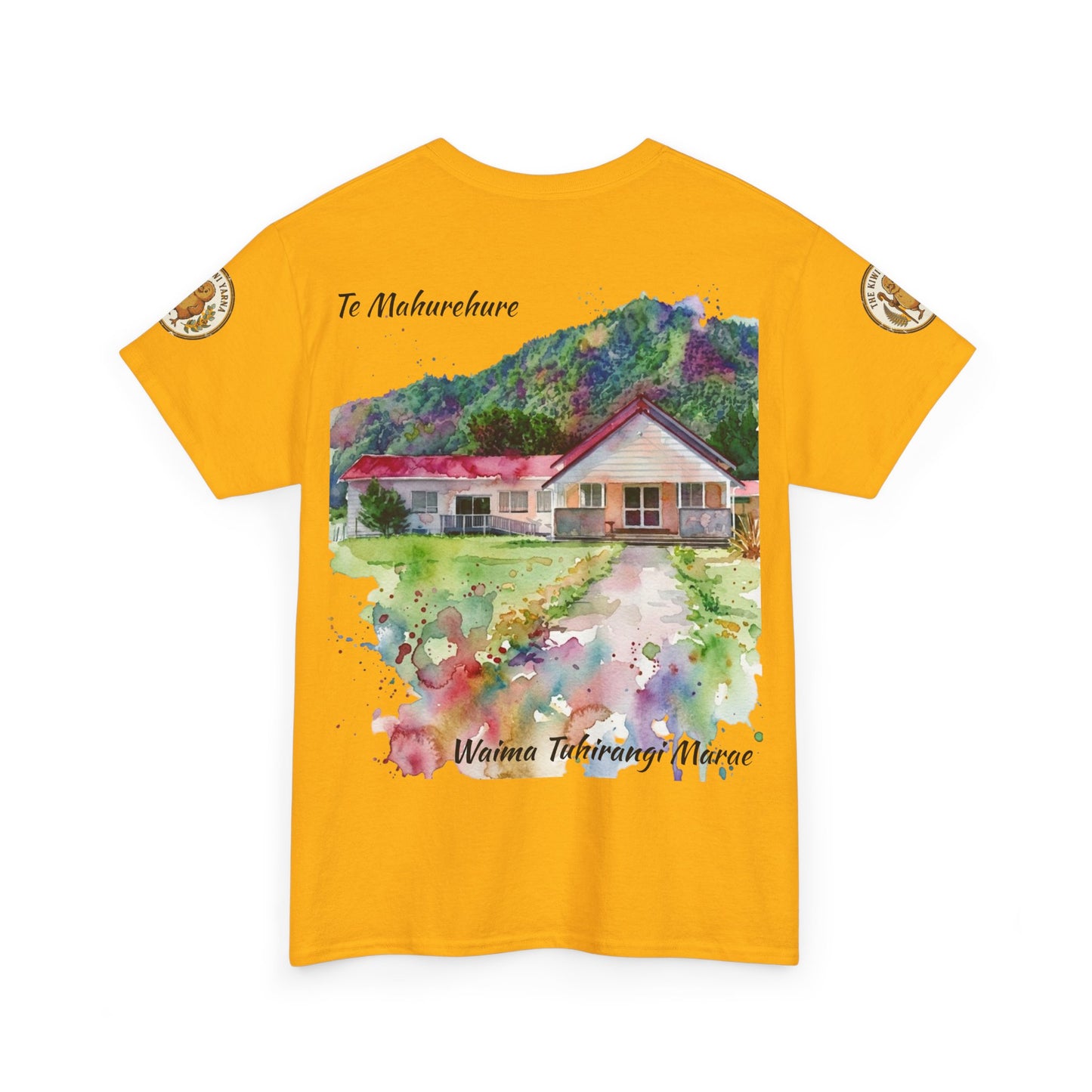 Yellow T-shirt with house artwork and “Te Mahurehure” style text graphic