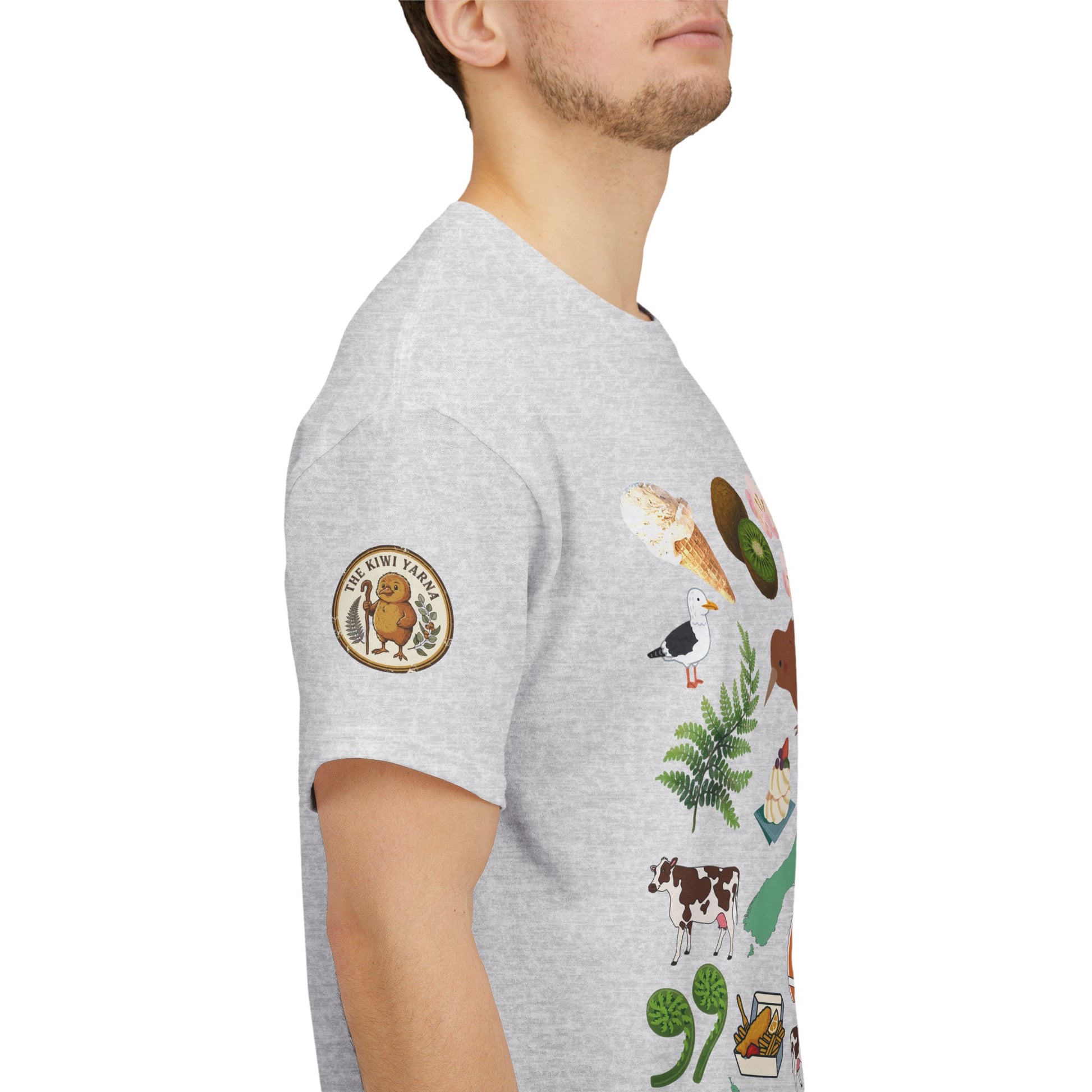 Gray heather T-shirt side view with circular logo patch and illustrated animals graphic