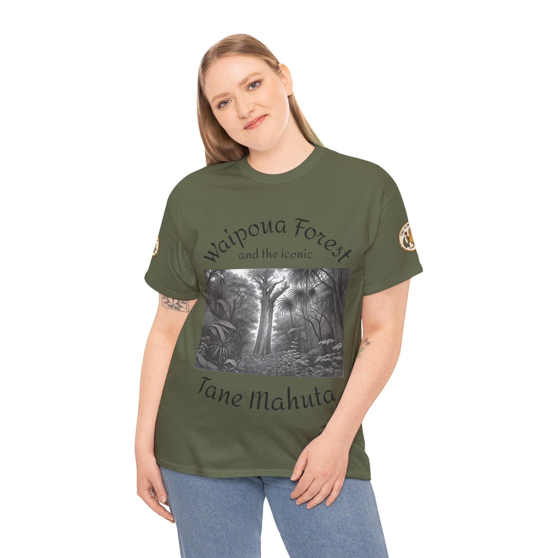 Olive graphic T-shirt with forest landscape front print and Waipoua Forest text on model