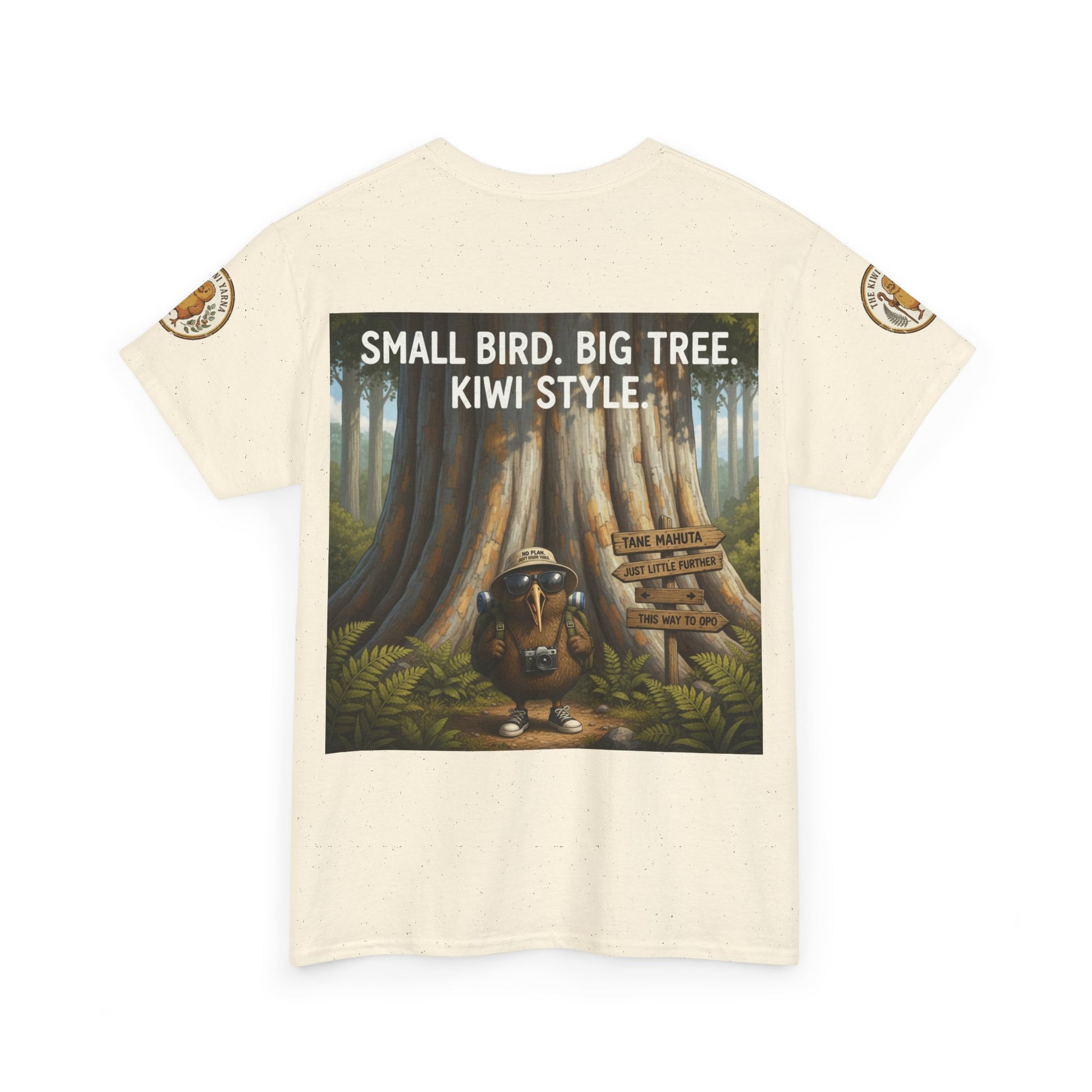 Ivory crewneck T-shirt with rectangular forest and animal graphic on the front