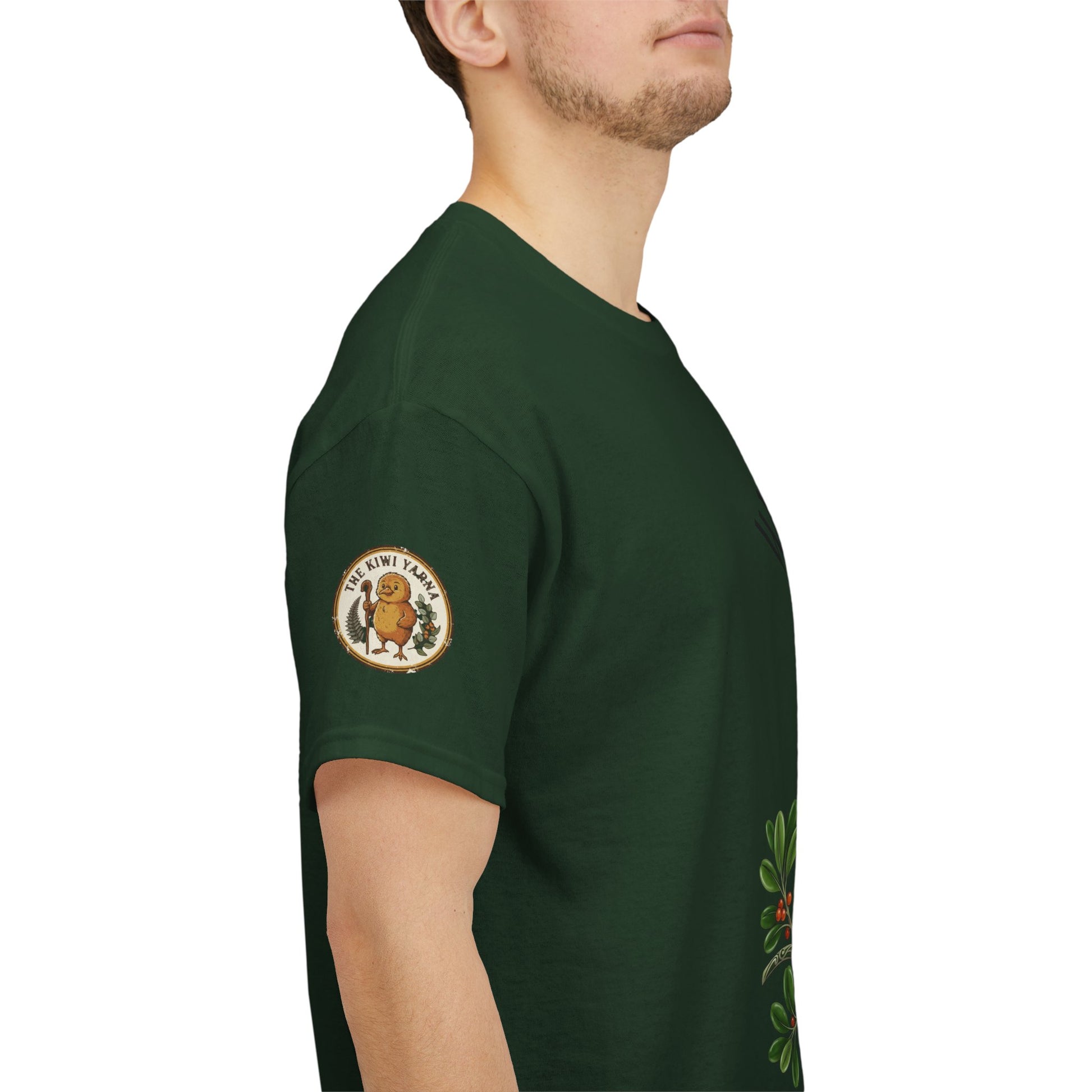 Green T-shirt back view with circular sleeve logo patch