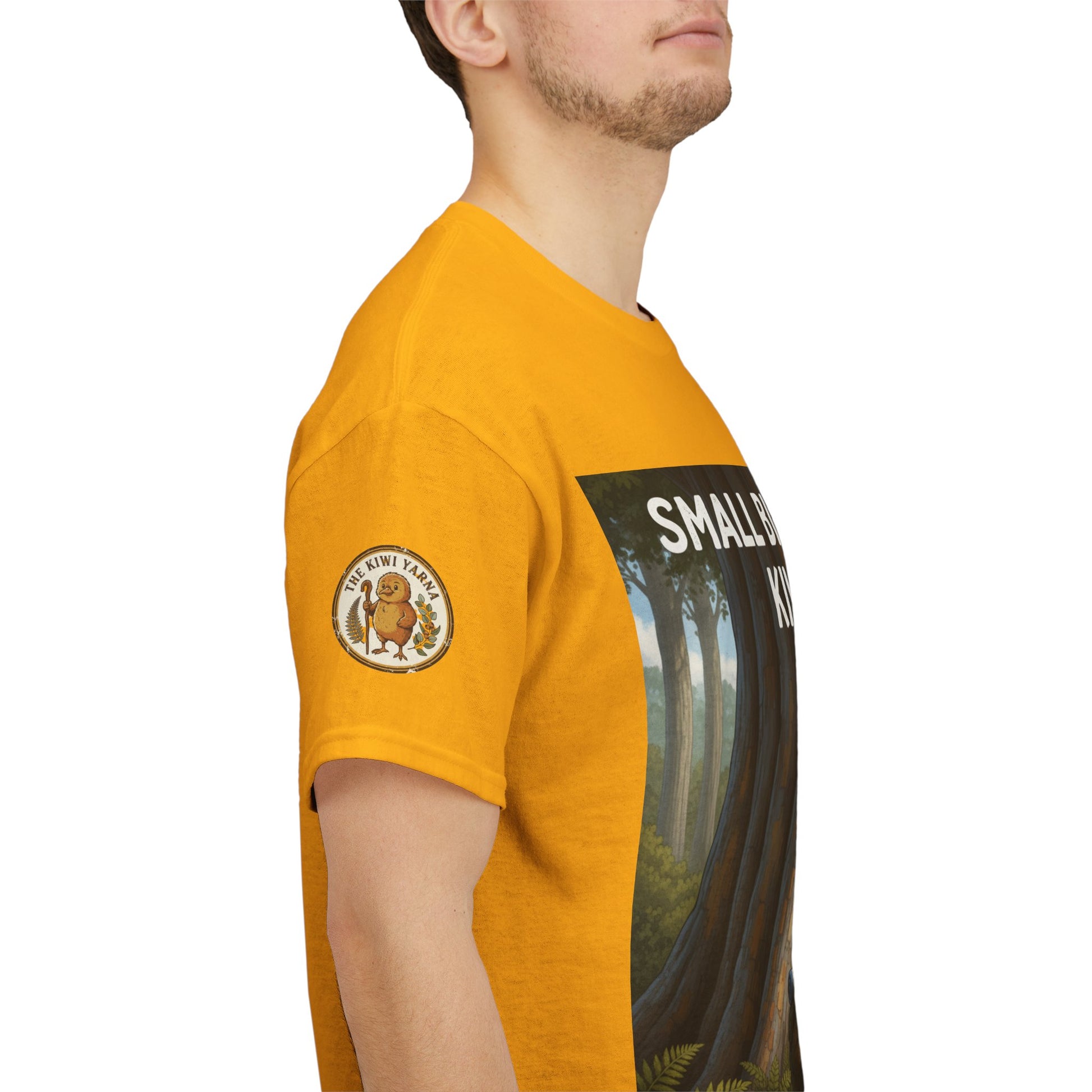 Yellow crewneck T-shirt with side graphic panel and small circular sleeve logo