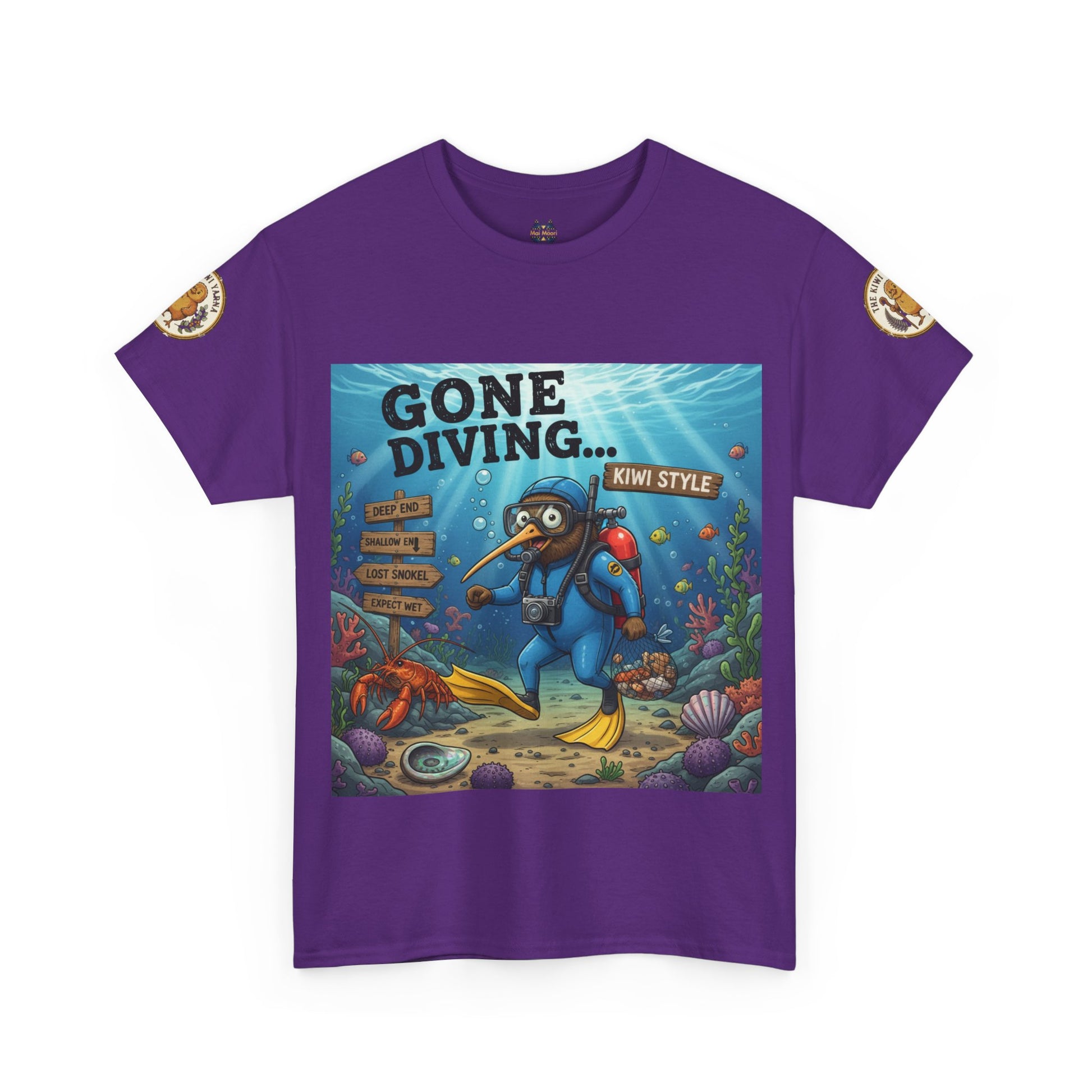Kids' purple graphic T-shirt with diver front print and circular sleeve patches.
