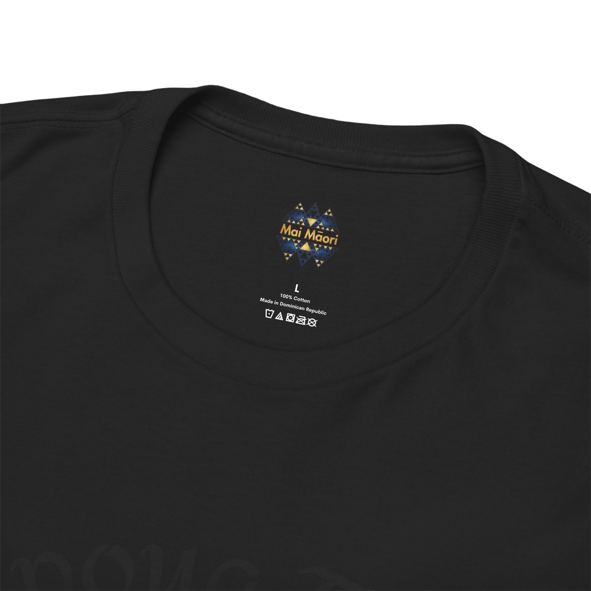 Black T-shirt with multicolor “Mai Maori” chest logo on crew neckline