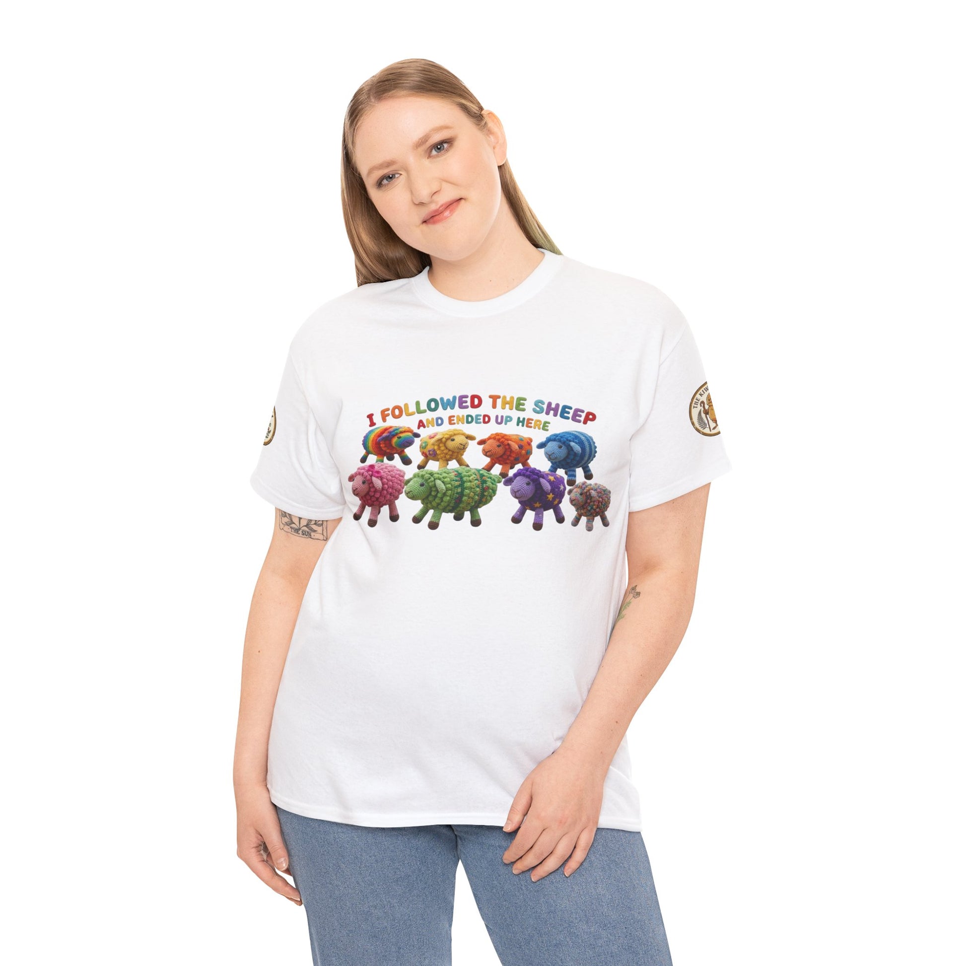 White crewneck graphic T-shirt with colorful sheep animals on the chest